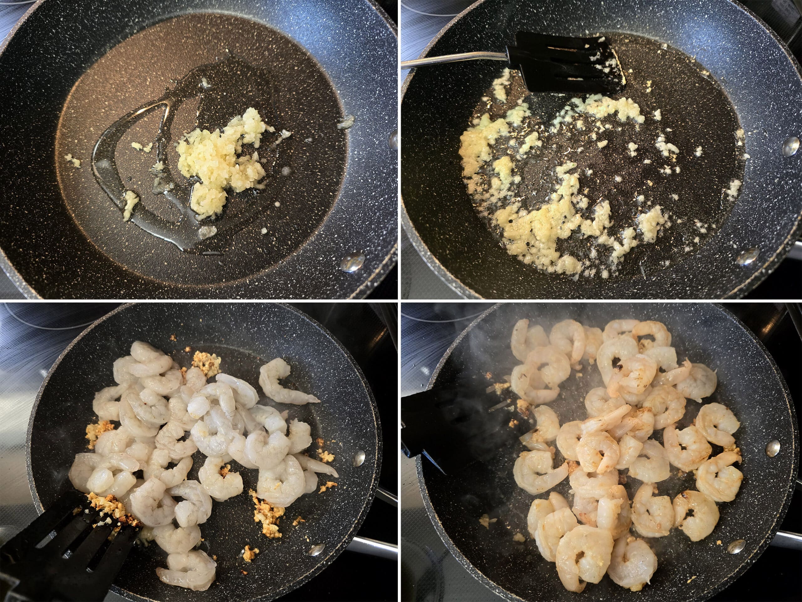 4 part image showing the garlic cooking in oil, then the shrimp being added and stirred in.