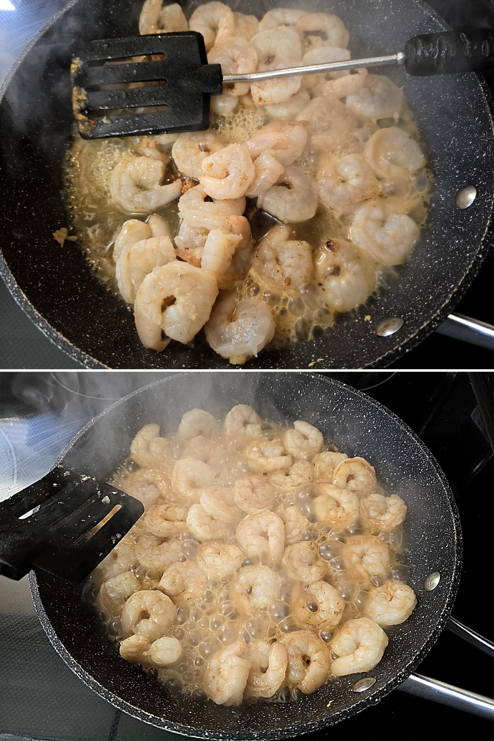 2 part image showing the shrimp cooking in the honey calamansi glaze.