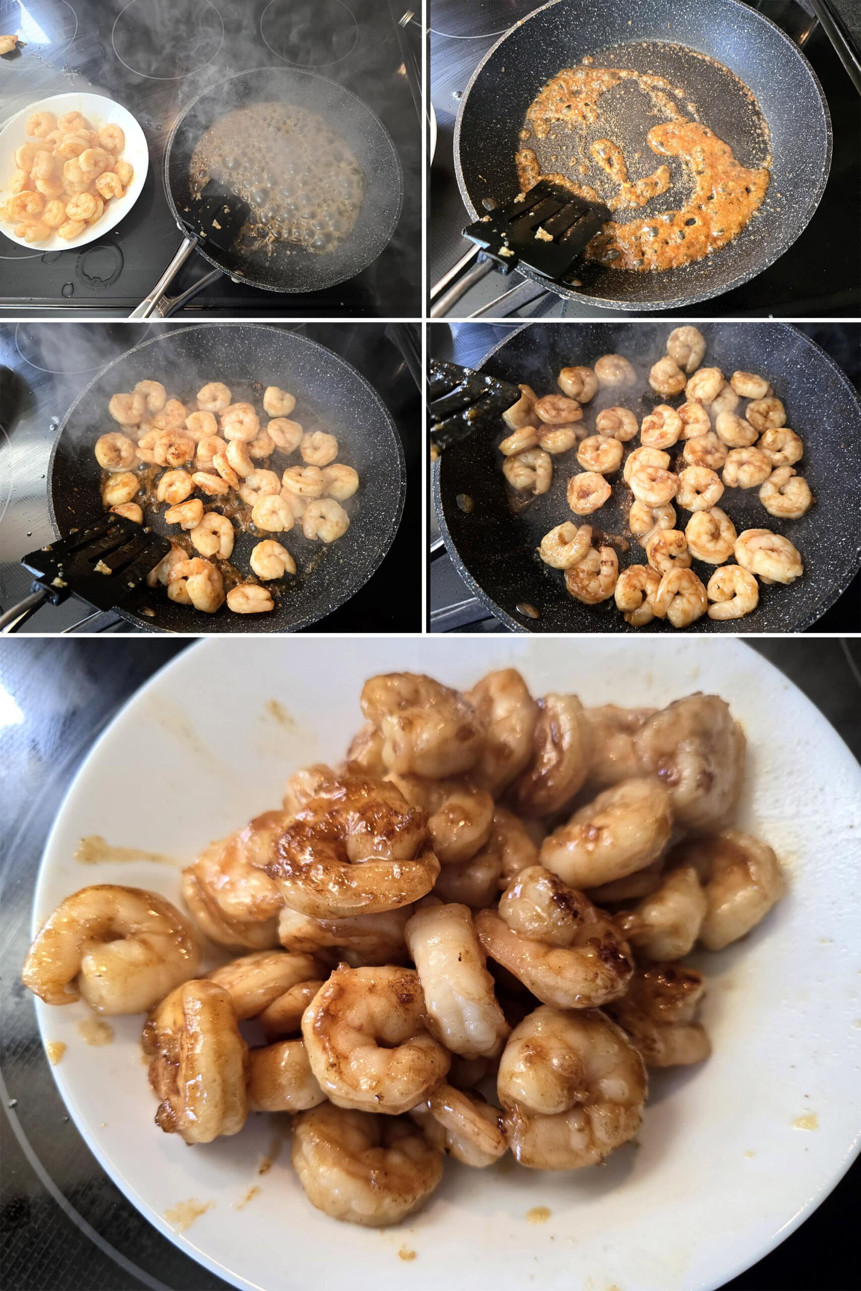 5 part image showing the honey calamansi shrimp being cooked and transferred to a bowl.