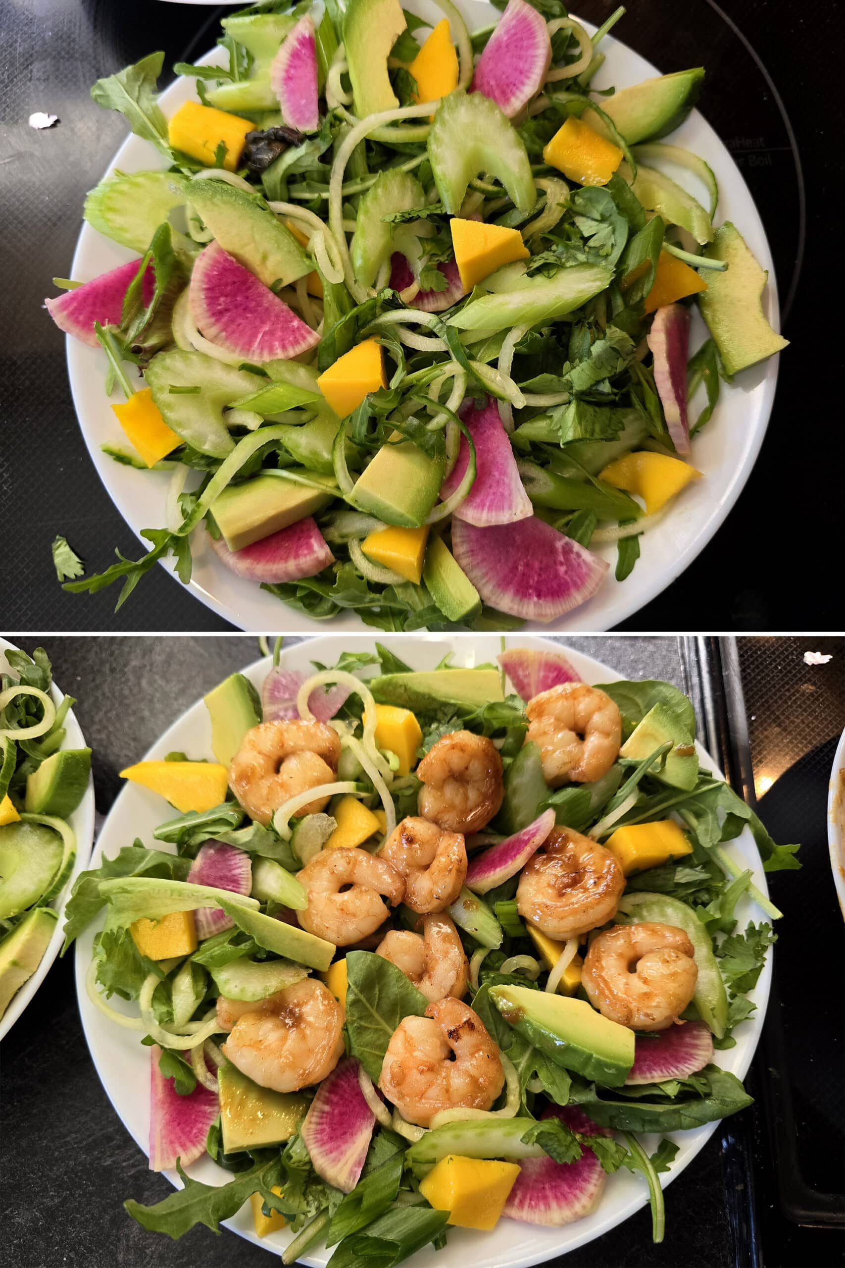 2 part image showing the assembled salad being topped with calamansi shrimp.