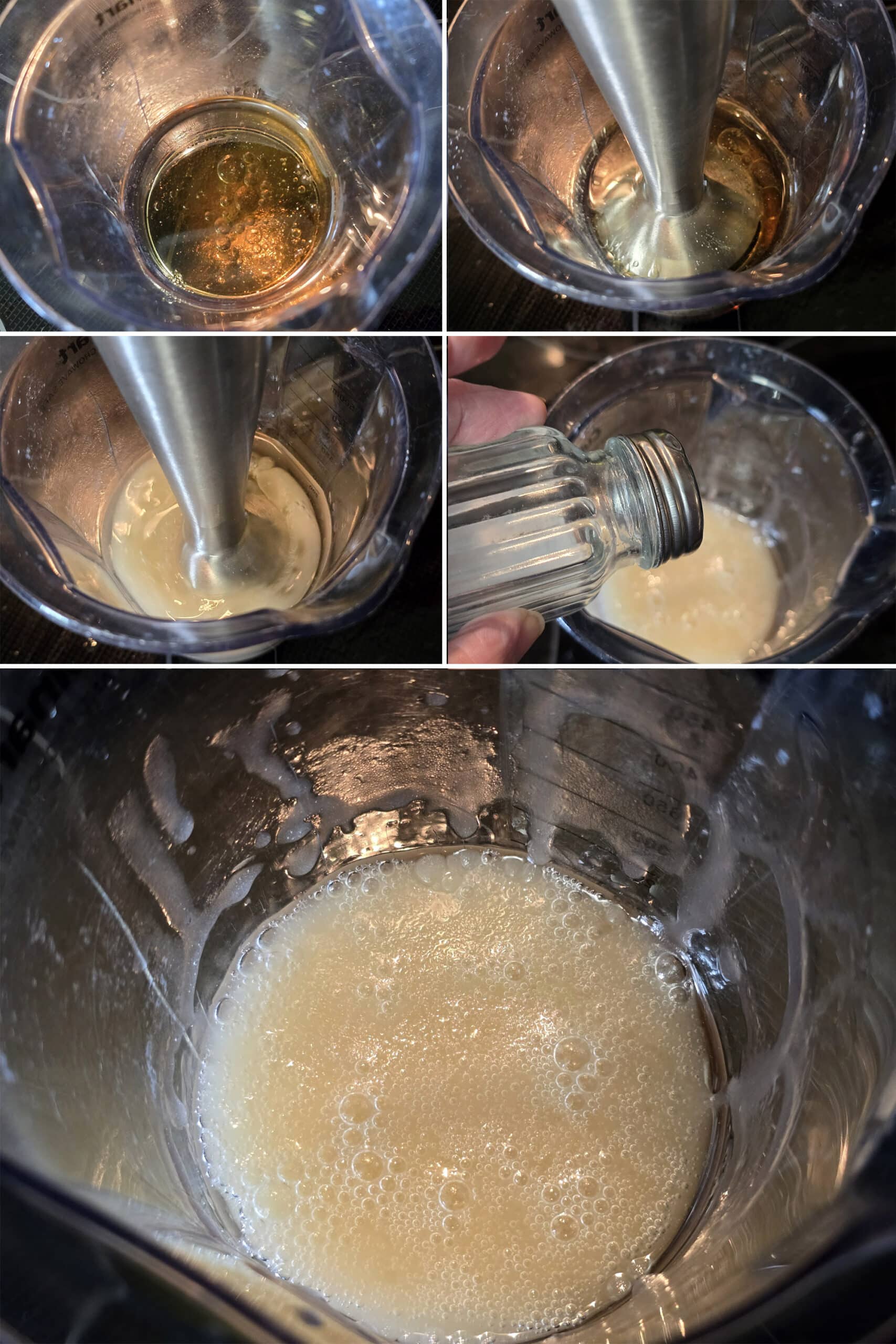 5 part image showing the lychee balsamic vinaigrette being mixed.