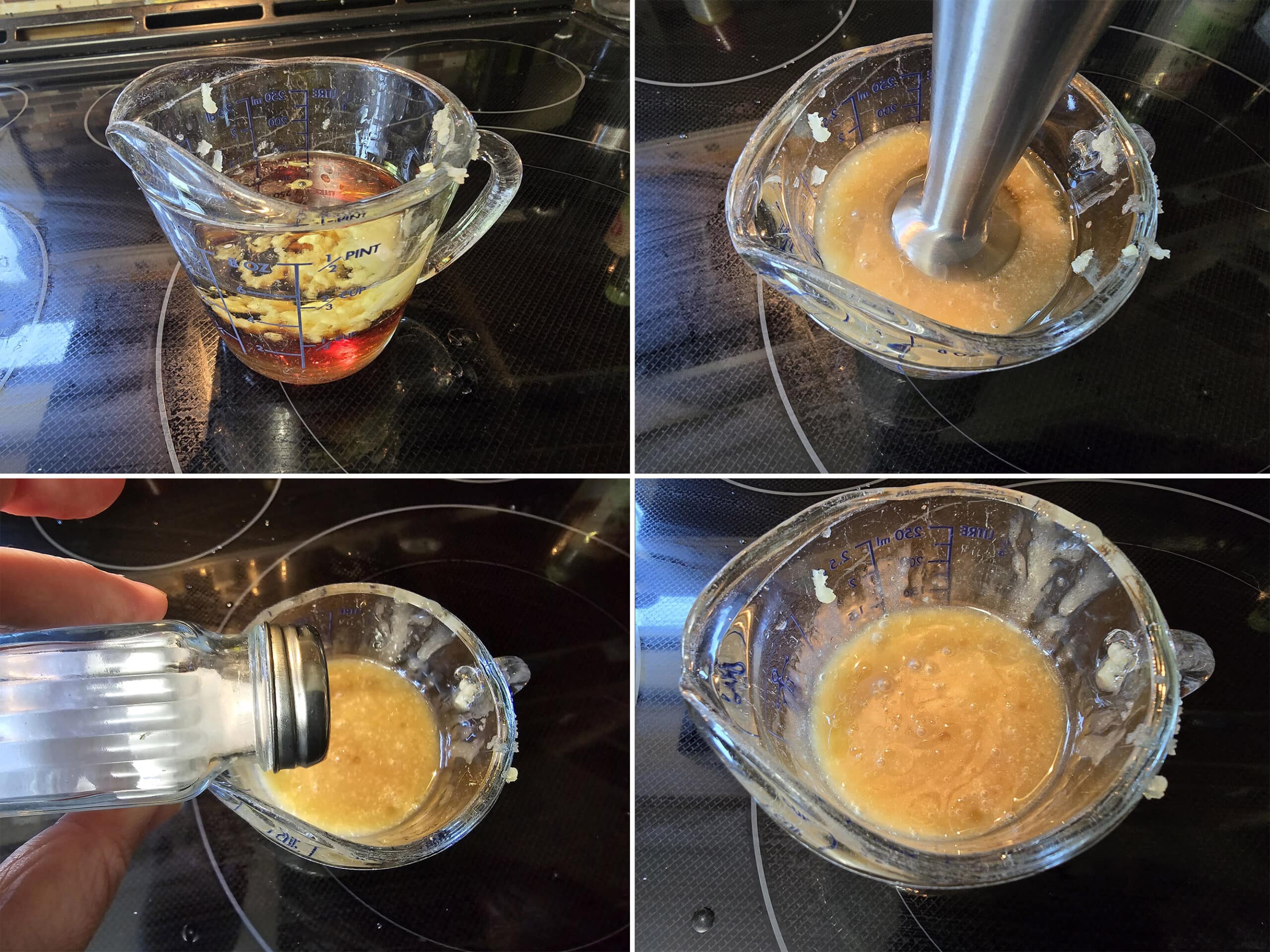 4 part image showing the balsamic peach vinaigrette being made.