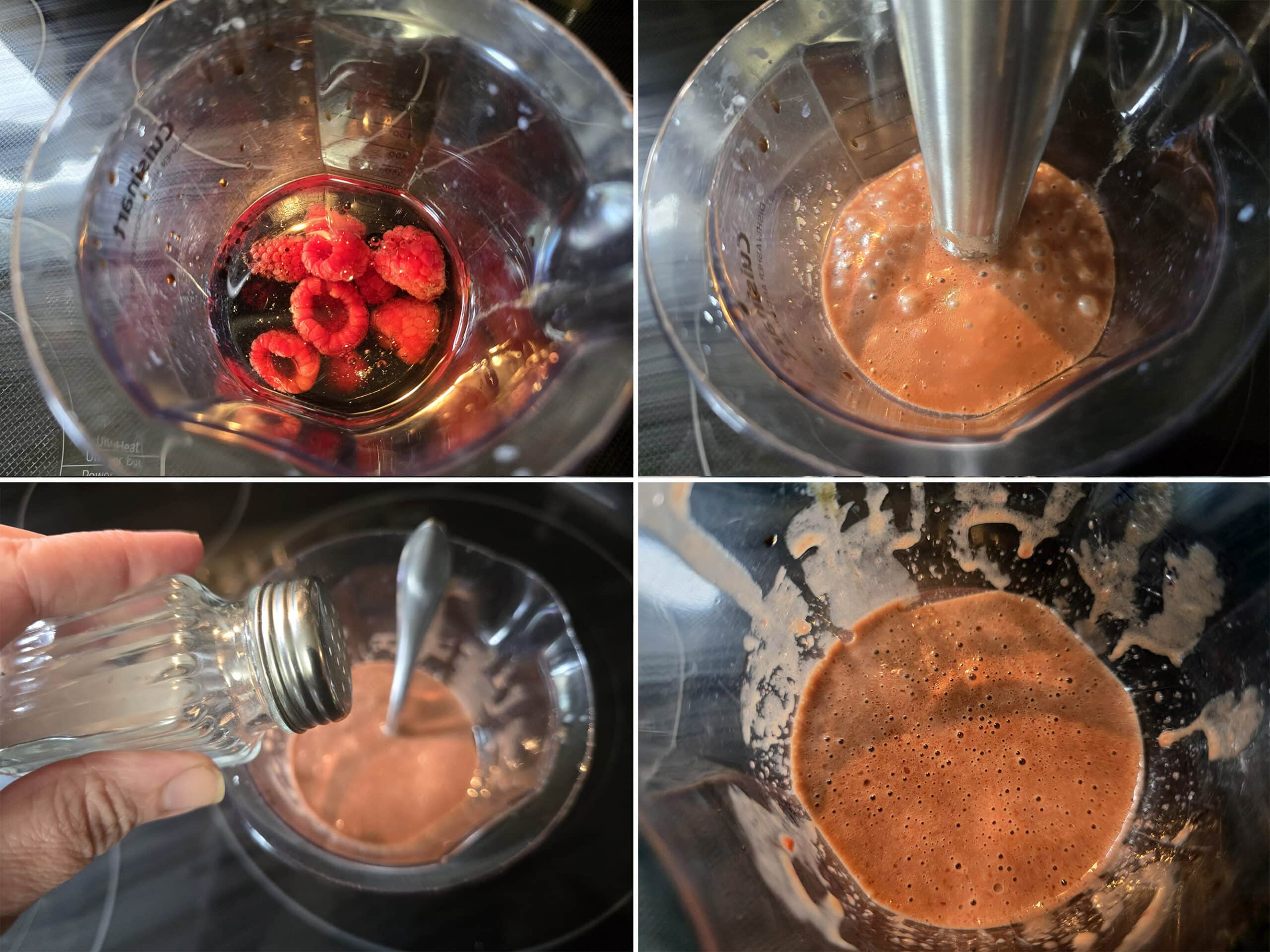 4 part image showing the homemade raspberry balsamic vinaigrette being mixed.