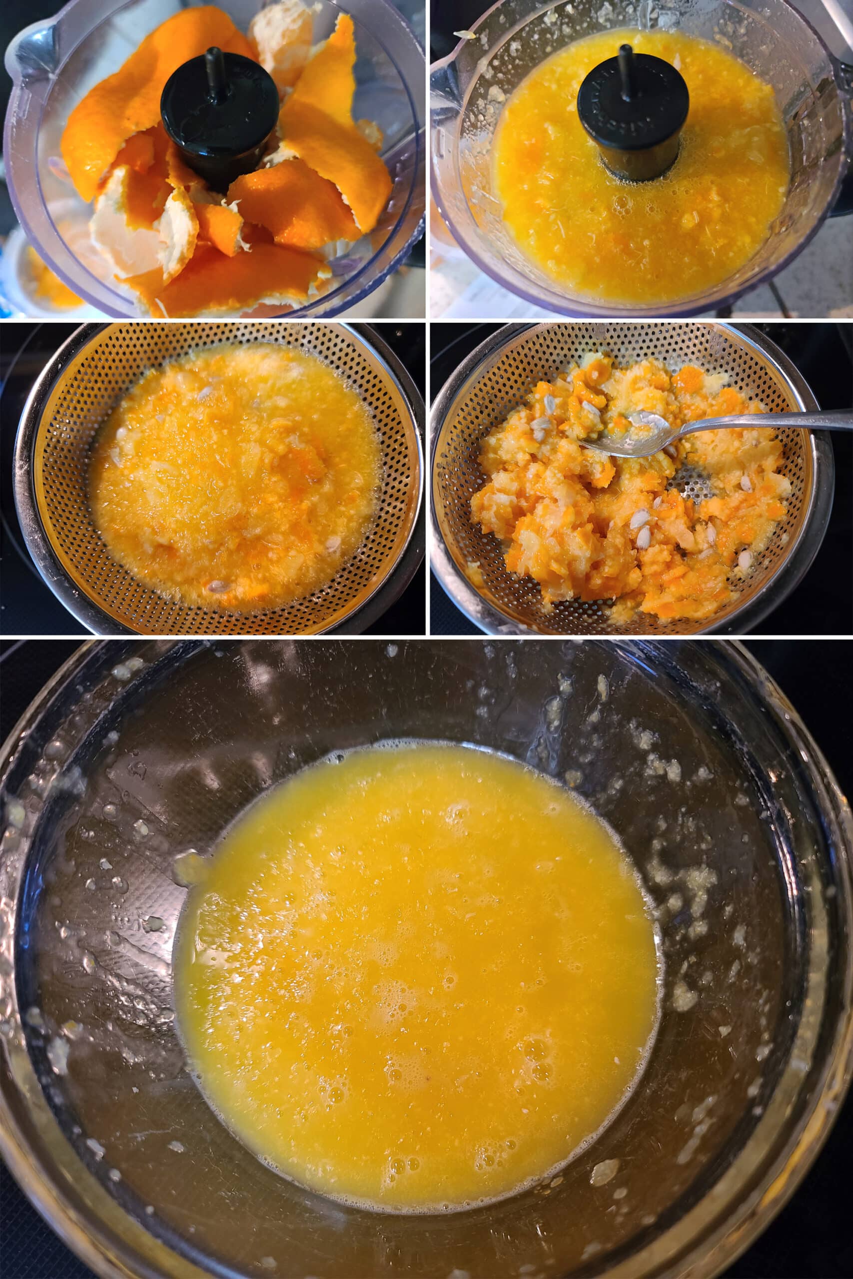 5 part image showing chopped mandarin oranges being blended with water and strained.