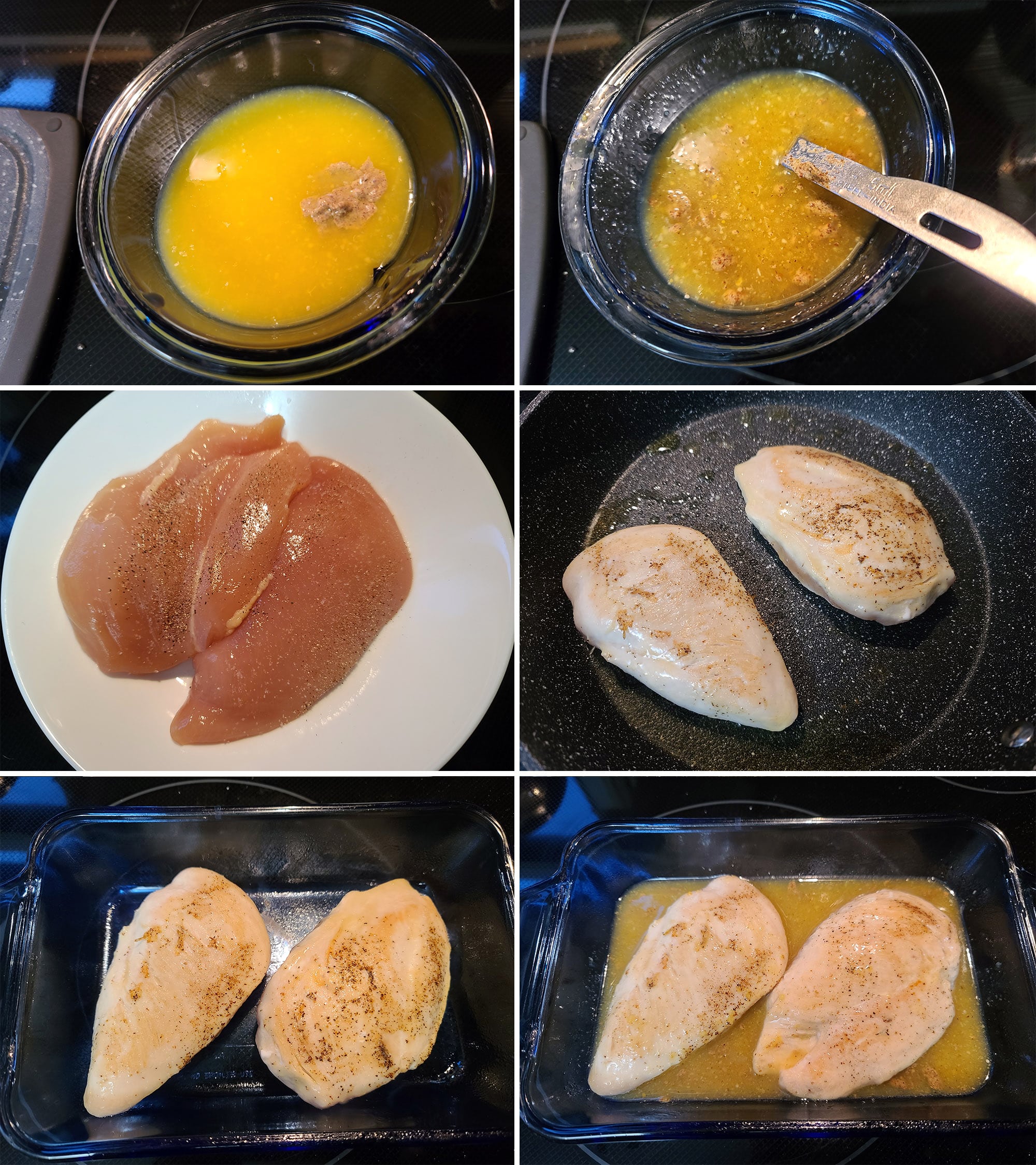 6 part image showing the mandarin glaze being whisked together, chicken breasts seasoned, browned, and put in a small baking pan with the glaze.