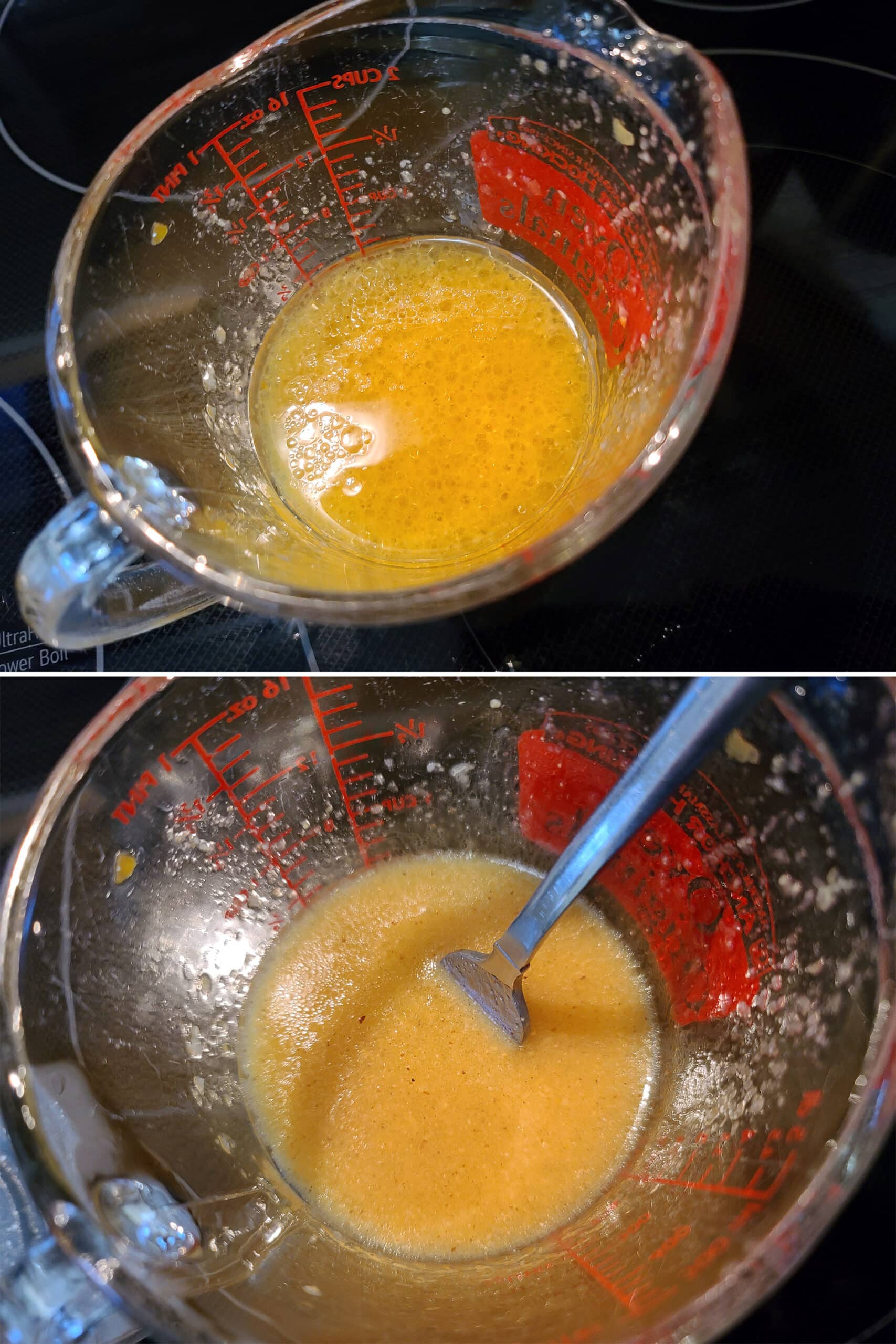 2 part image showing the mandarin vinaigrette being whisked in a measuring cup.