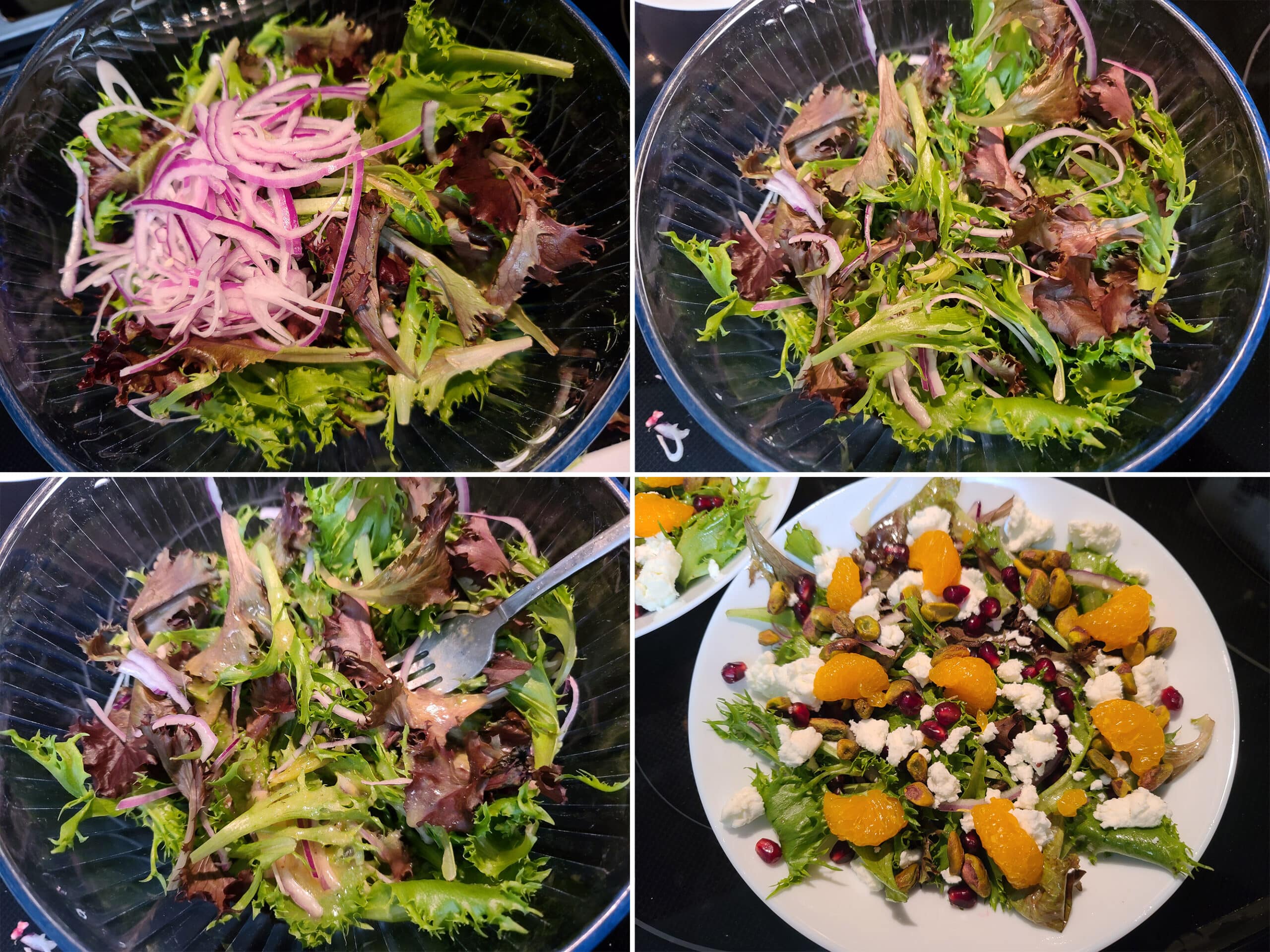 4 part image showing the salad greens being tossed with onions and assembled in a  serving bowl.