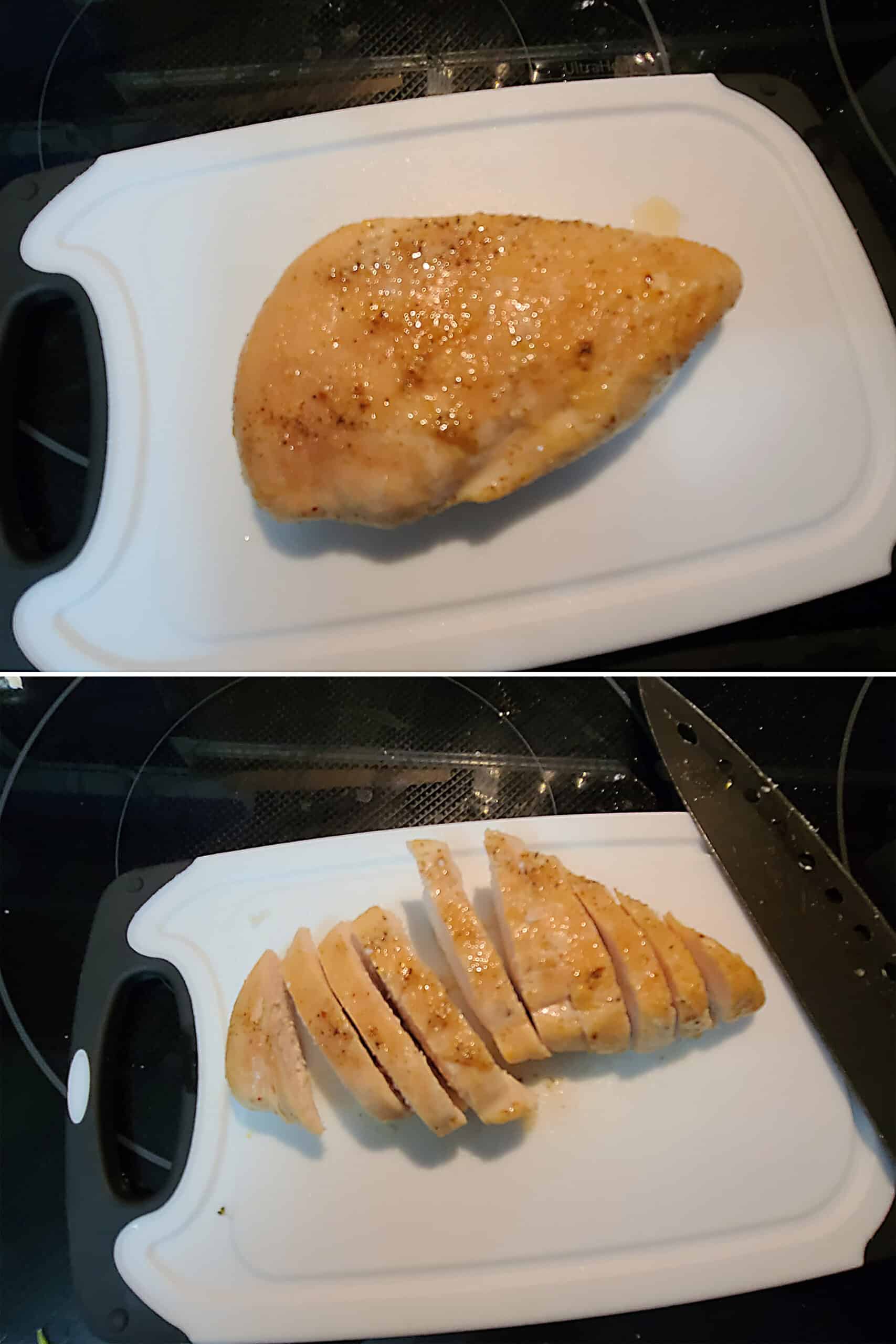 2 part image showing a baked orange glazed chicken breast being sliced up.