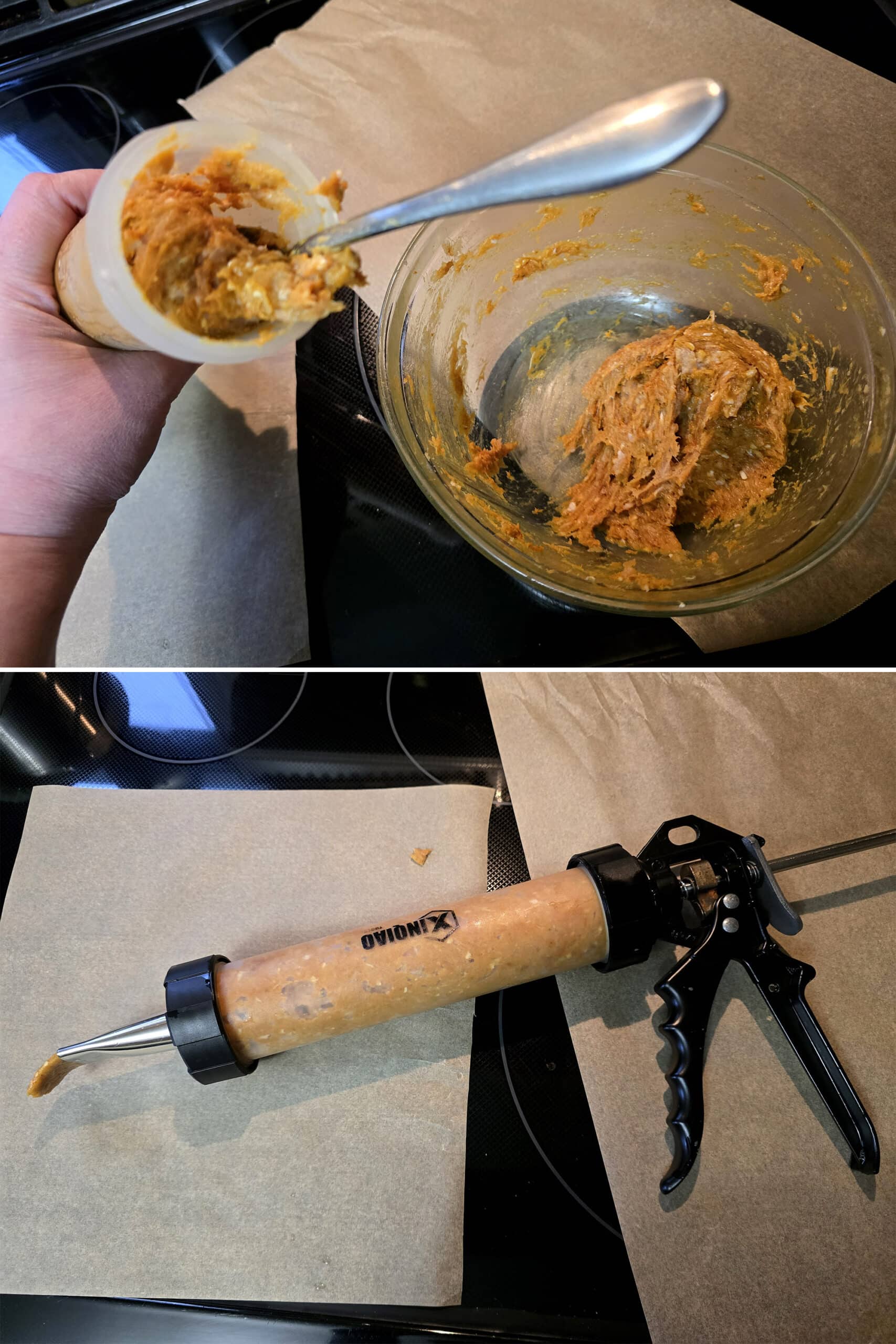 2 part image showing the spiced chicken mixture being spooned into a jerky gun.