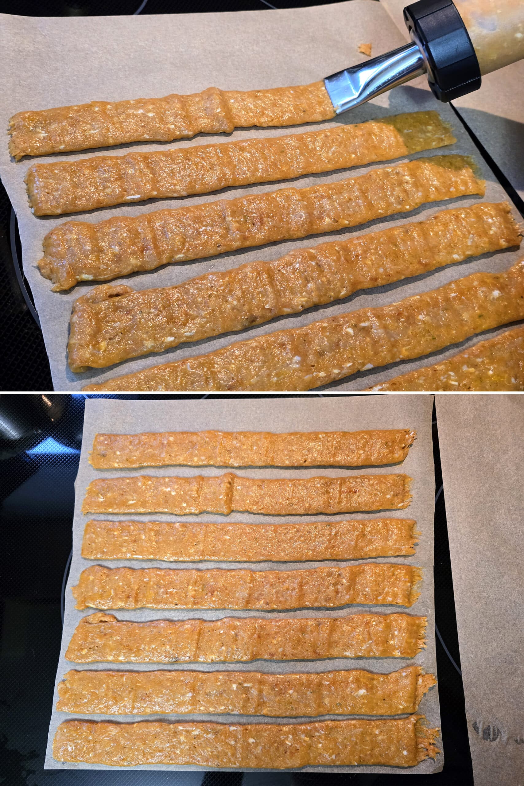 2 part image showing the shawarma chicken jerky mixture being piped out on parchment paper.