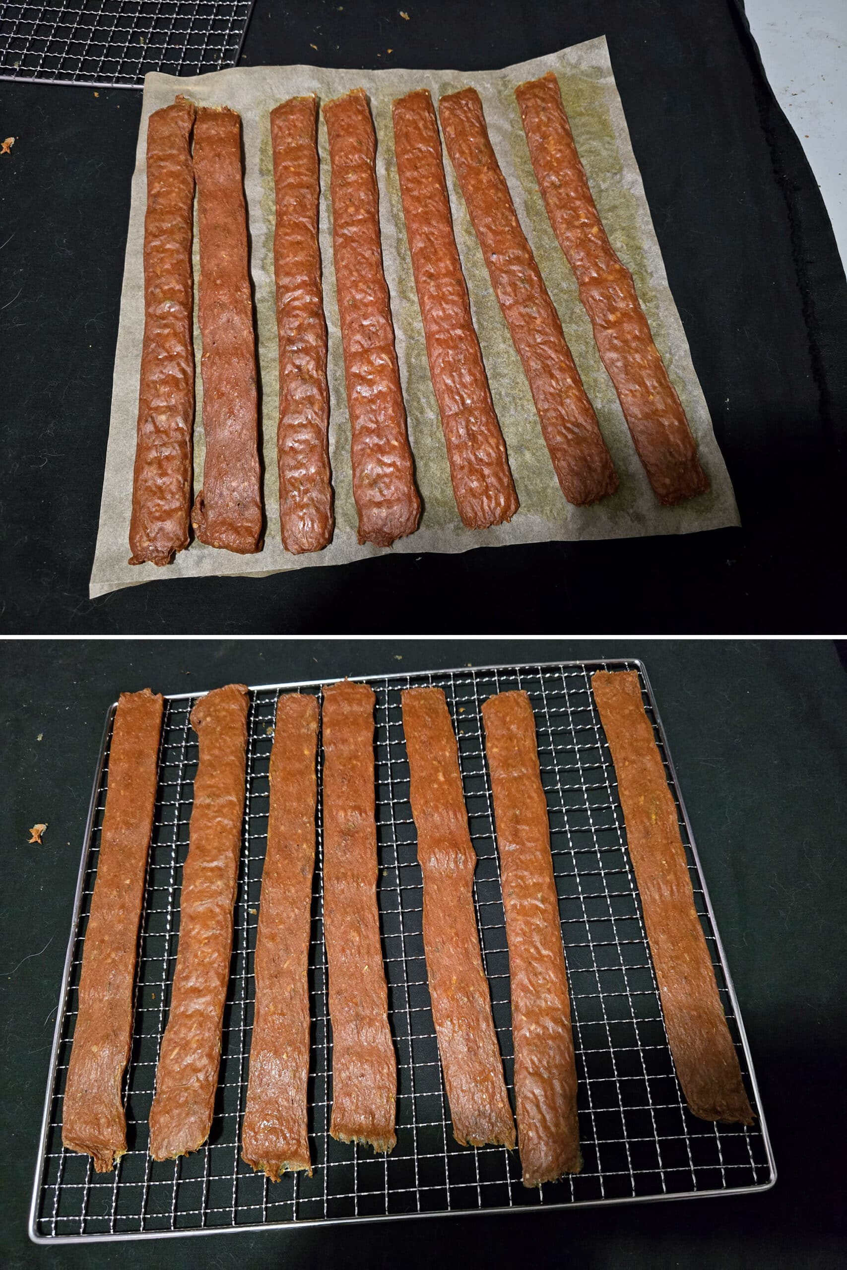 2 part image showing shawarma chicken jerky being removed from parchment and put back on the rack.