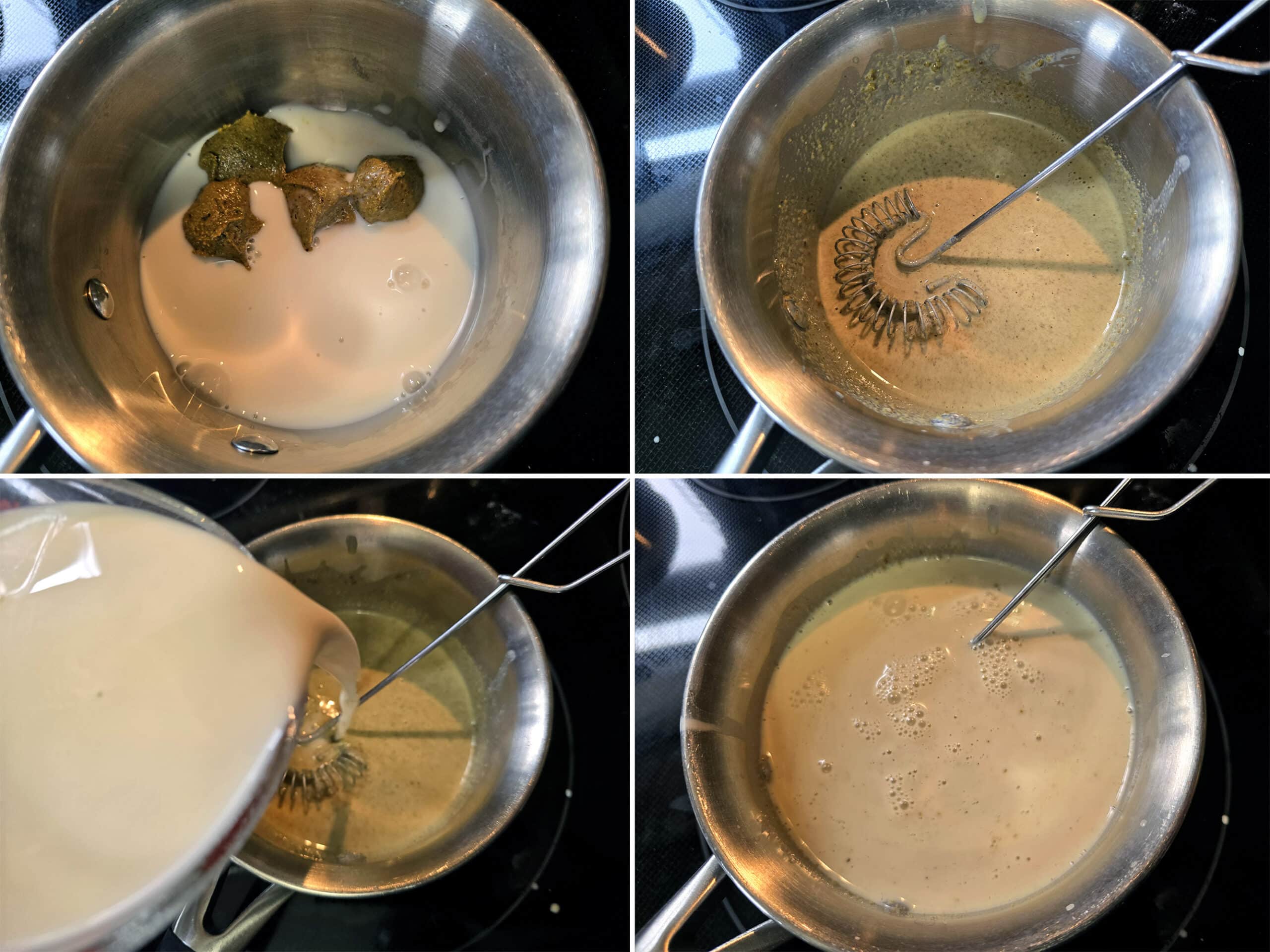 4 part image showing pistachio butter being whisked into a small amount of milk, then the rest of the milk being added.