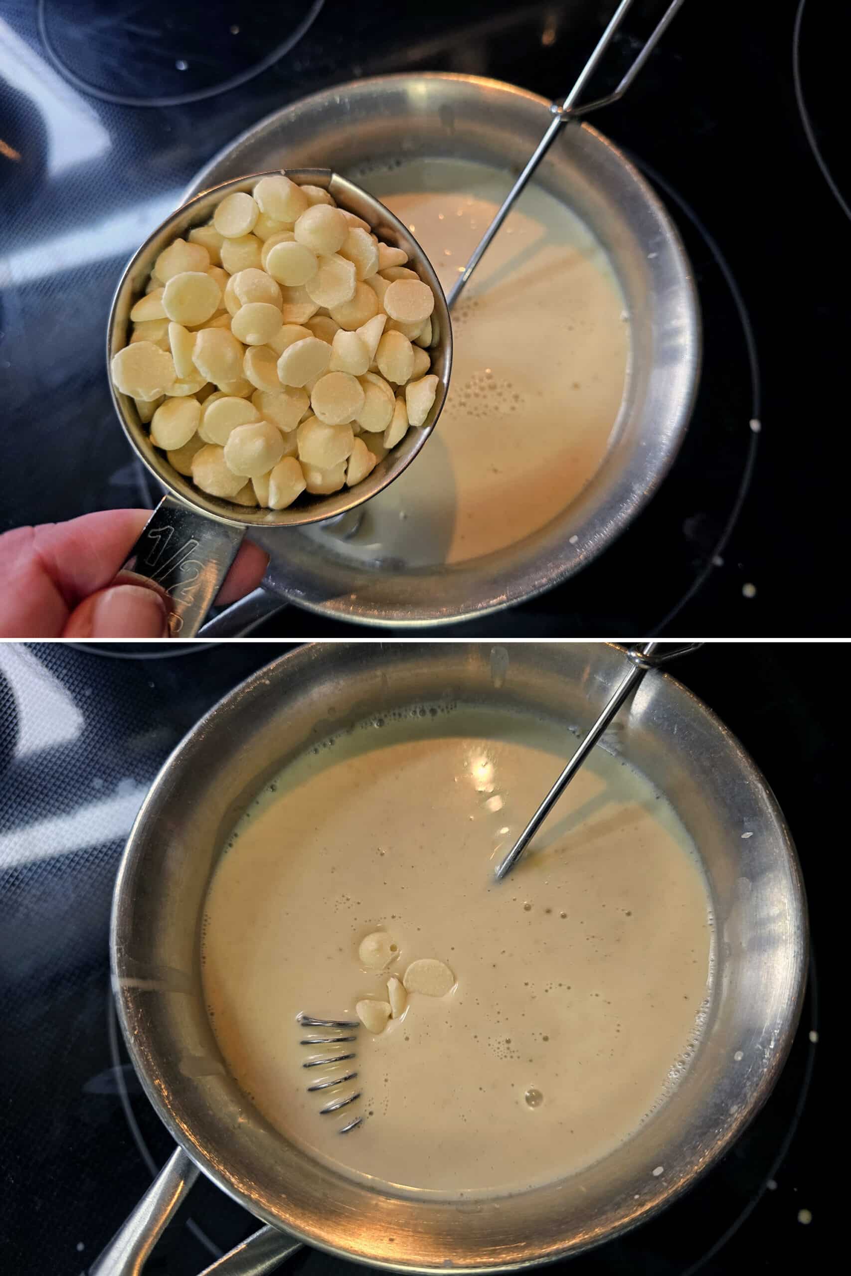 2 part image showing white chocolate chips being added to the pot of pistachio milk.