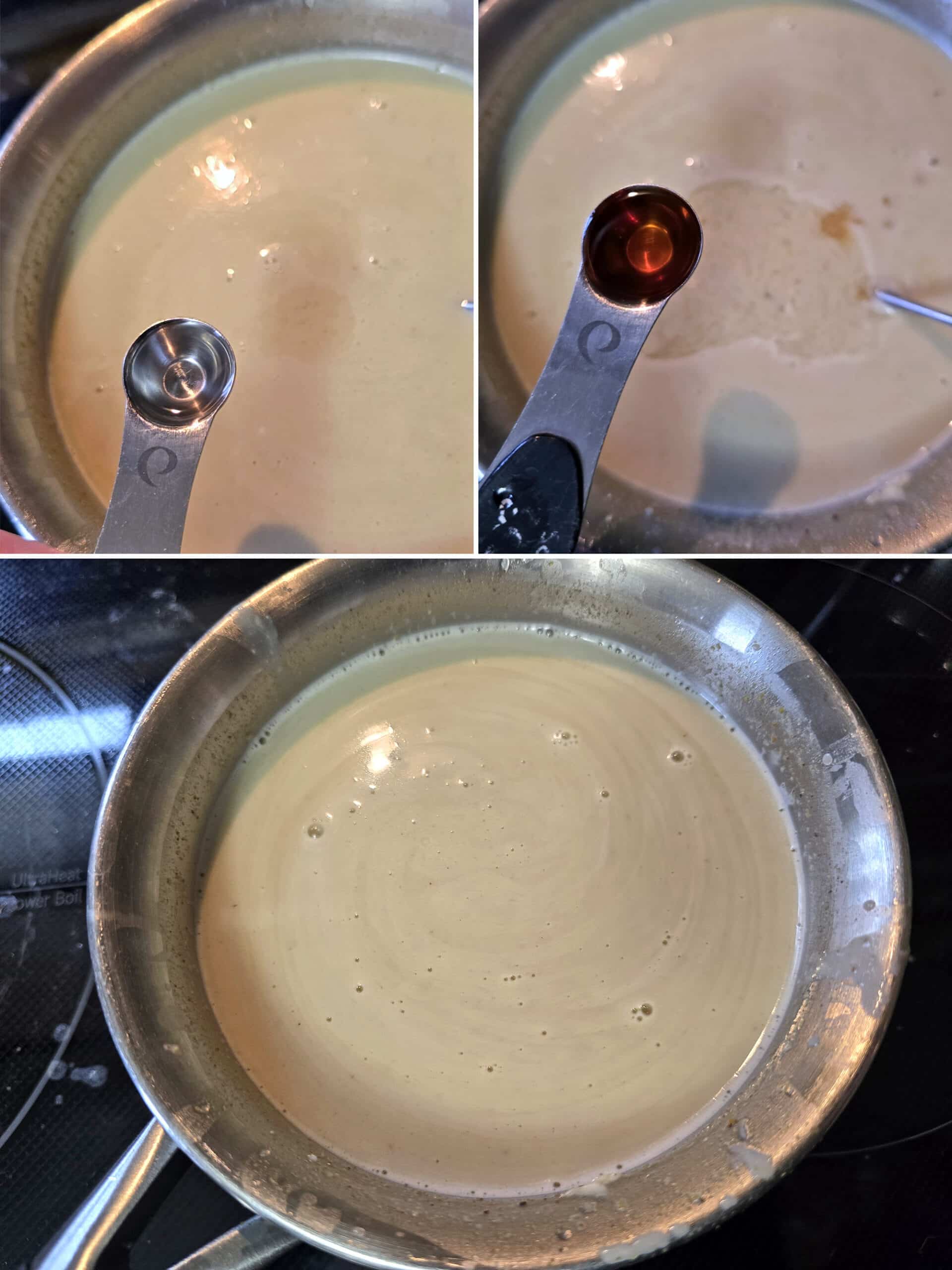 3 part image showing the vanilla and almond extract being added to the pot.