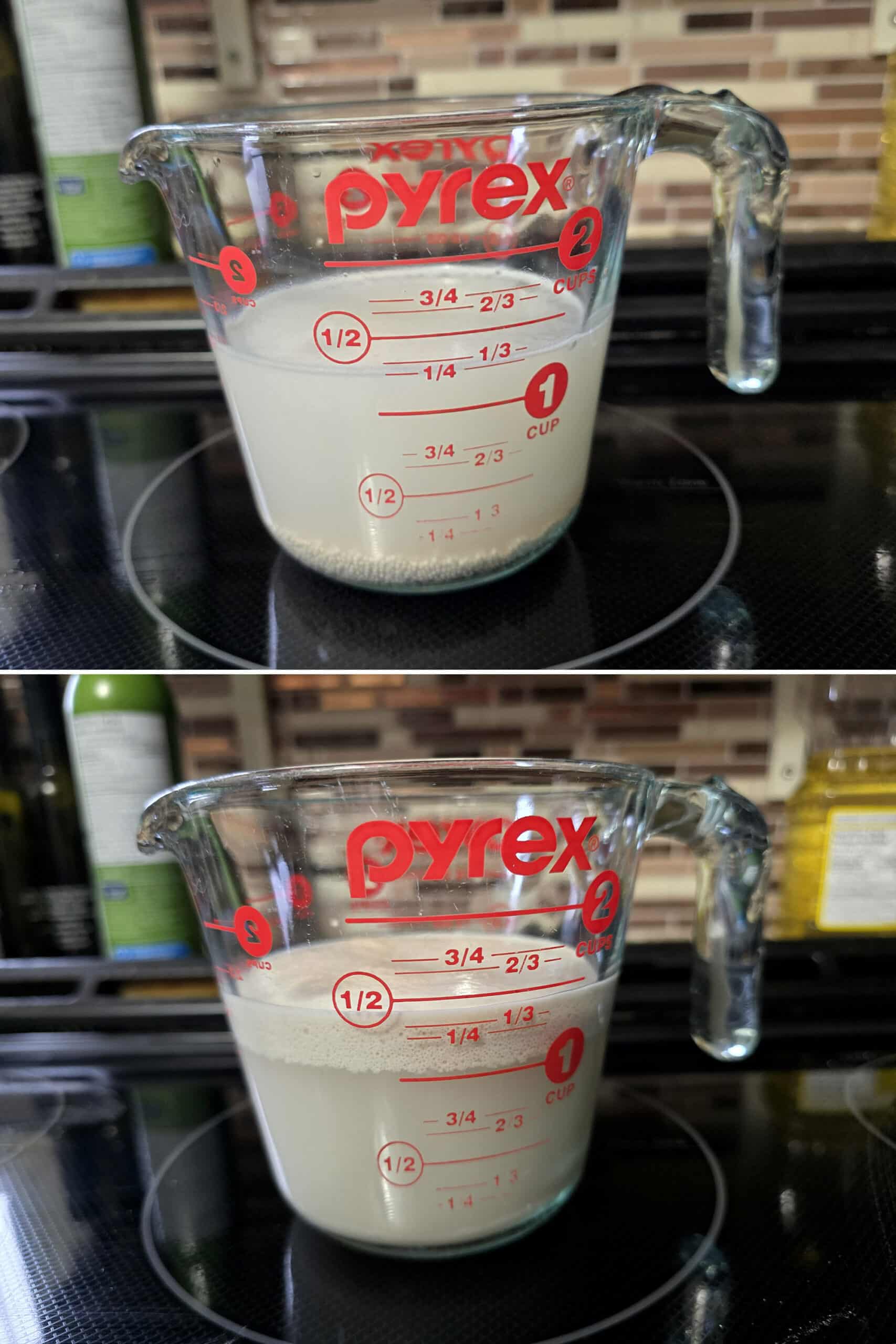 2 part image showing the water, yeast, and sugar before and after the yeast bubbled up.