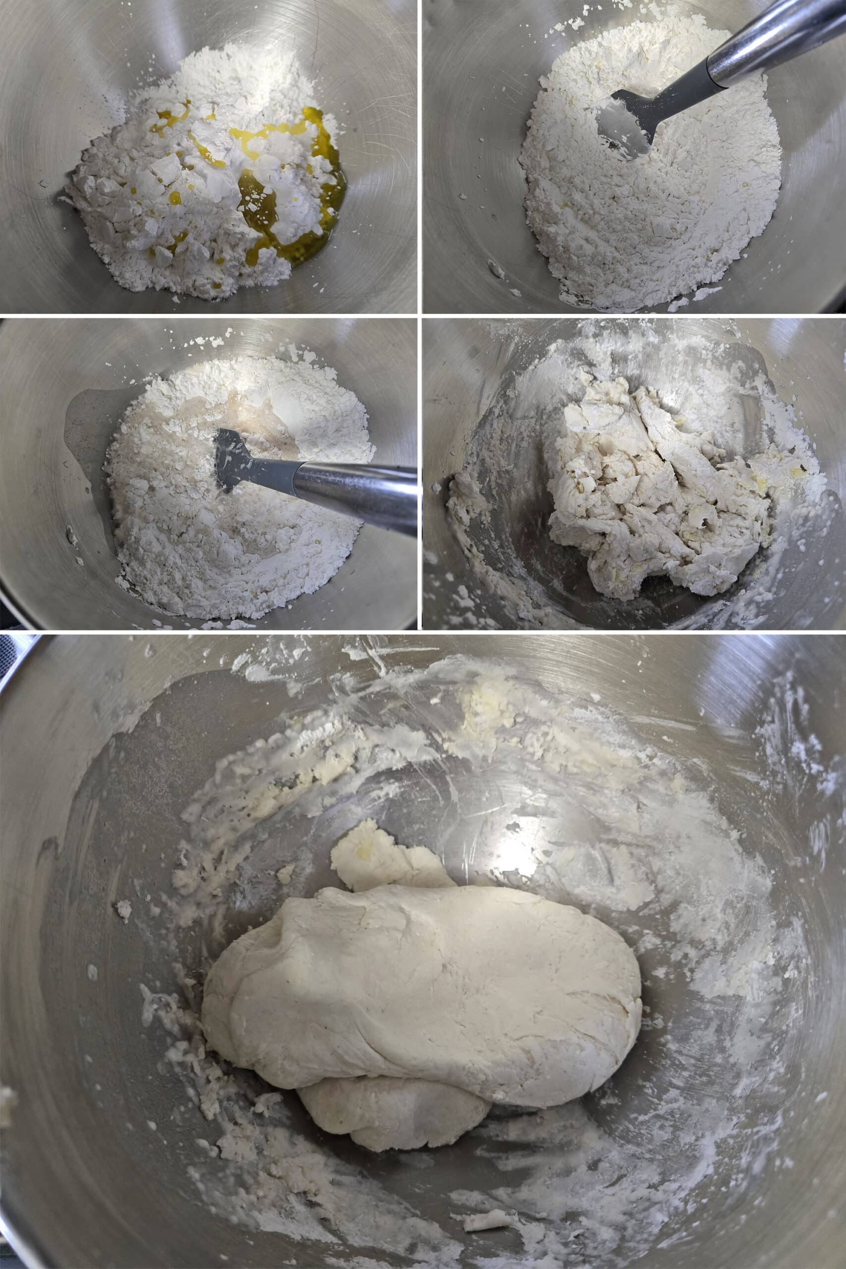 5 part image showing the dry ingredients being mixed with the olive oil and yeast mixture to form a loose dough, then pulled together into a ball.