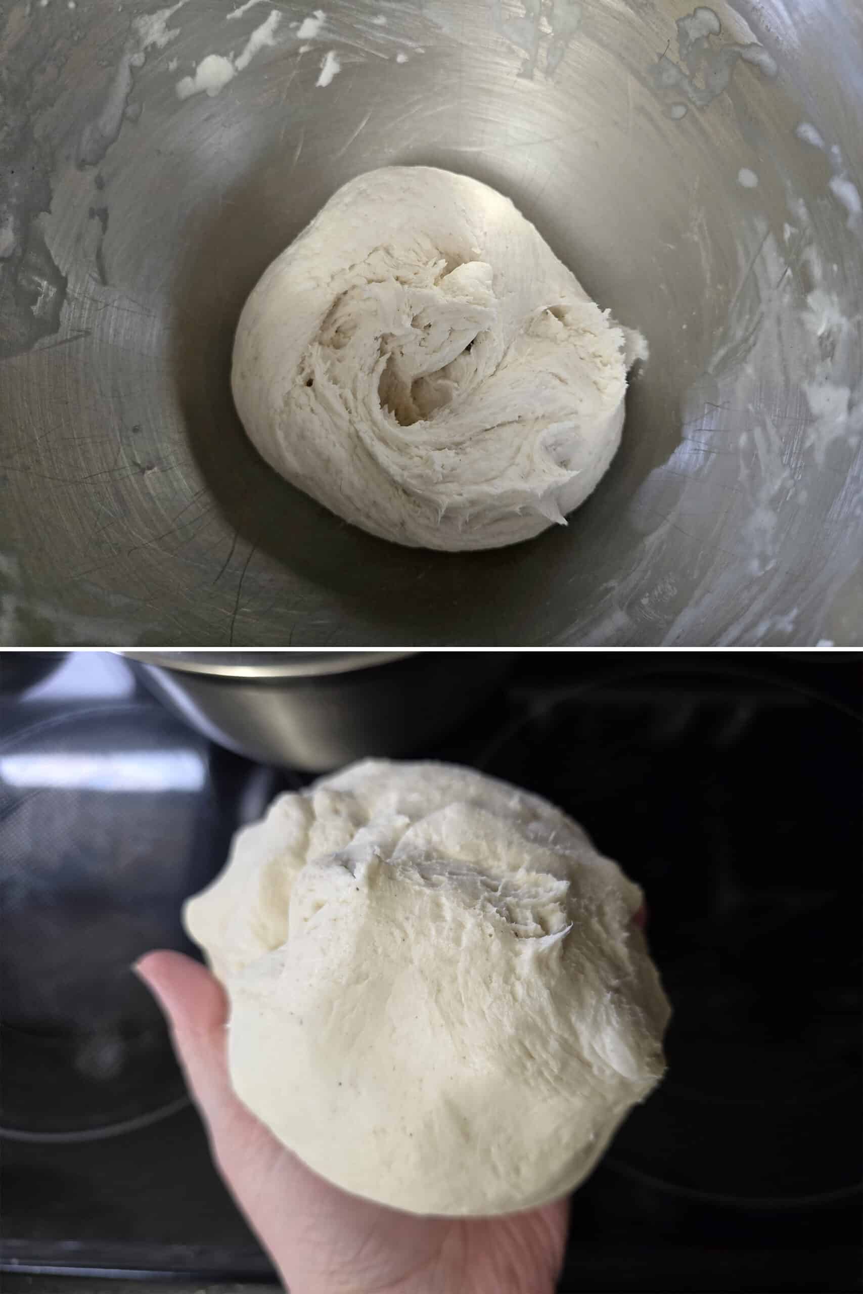 2 part image showing a ball of smooth dough in the metal bowl, then the gluten free pizza dough being held in a hand.