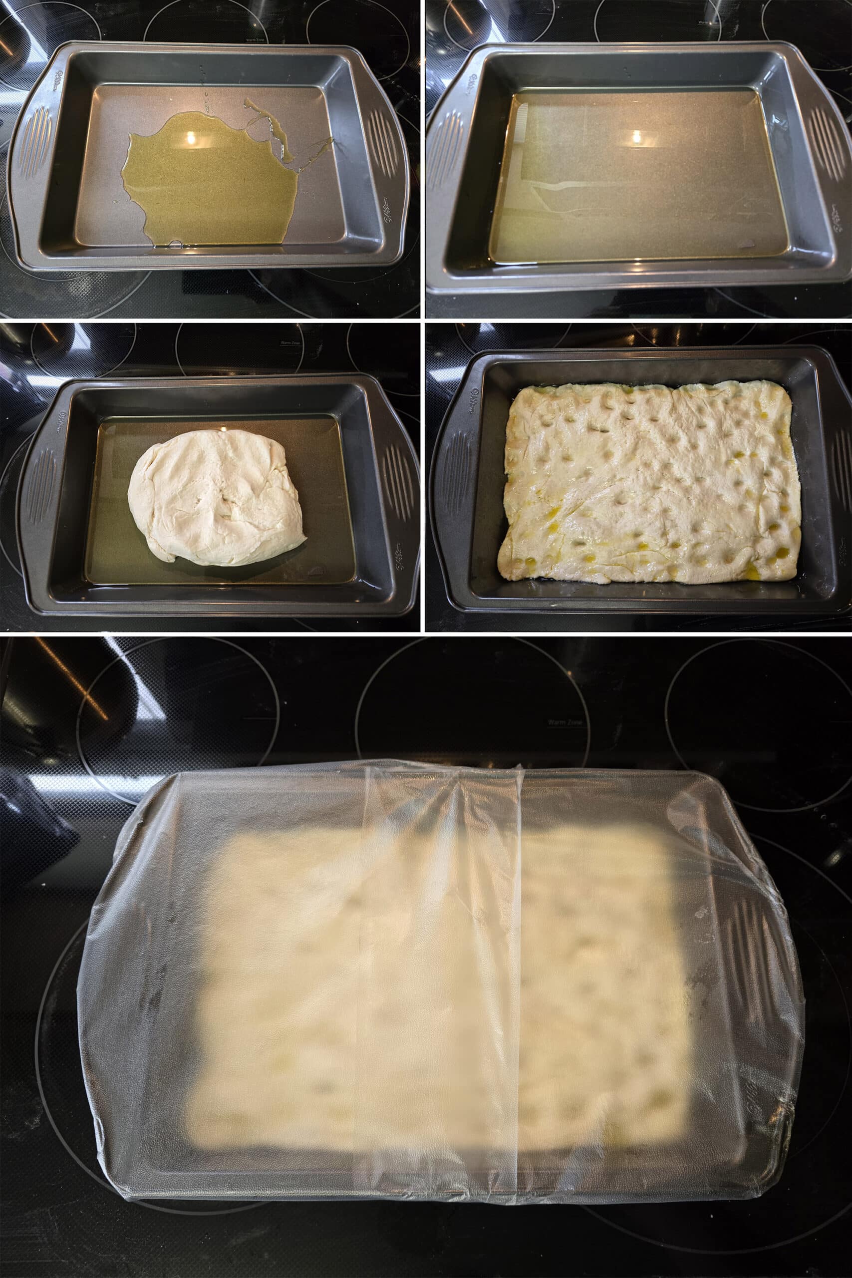 5 part image showing oil being spread in a 9 by 13 baking pan, then the dough being pressed out across the bottom and covered with plastic wrap.