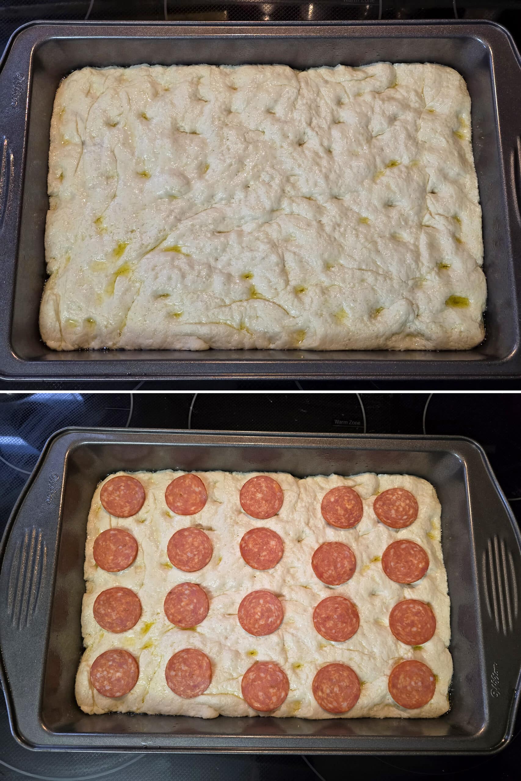 2 part image showing the pan of gluten free pizza dough after rising, then after pepperoni is scattered over it.