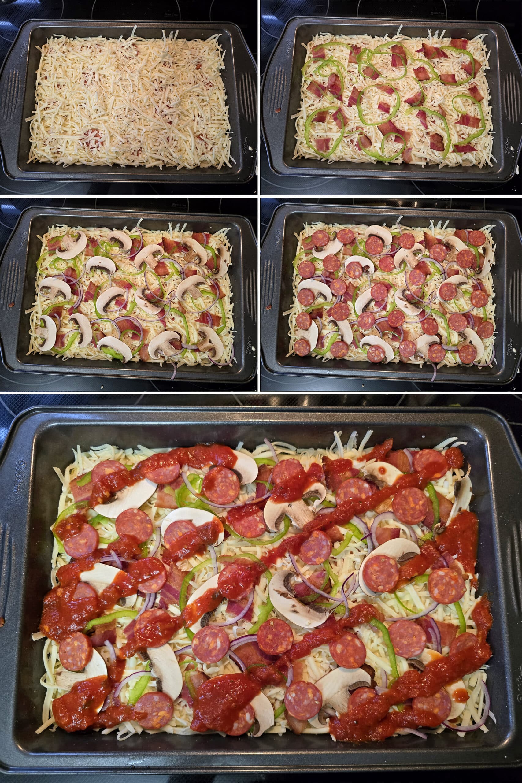 5 part image showing the pizza toppings being arranged over the dough, as described.