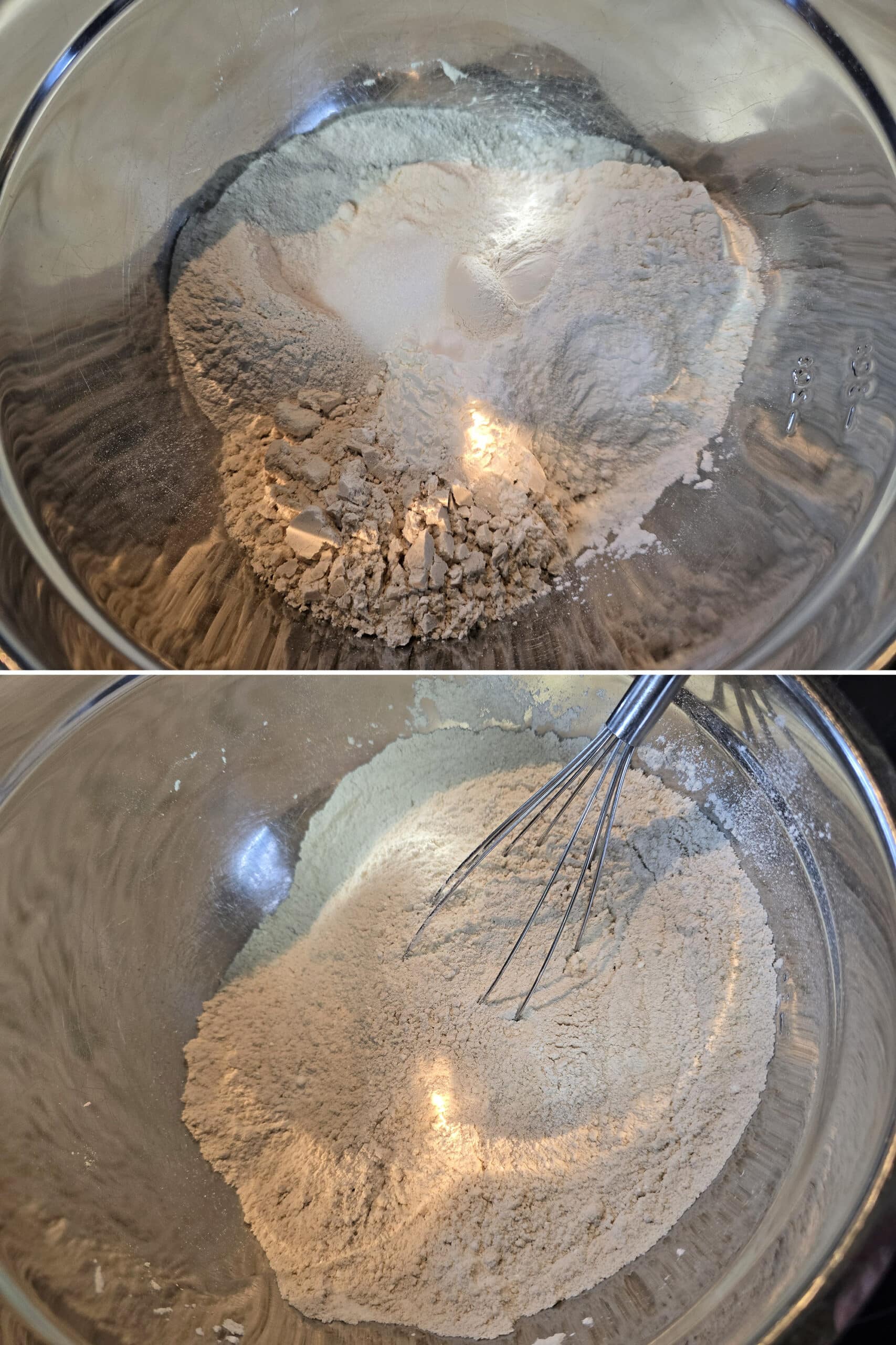 2 part image showing the dry ingredients being mixed together in a bowl.