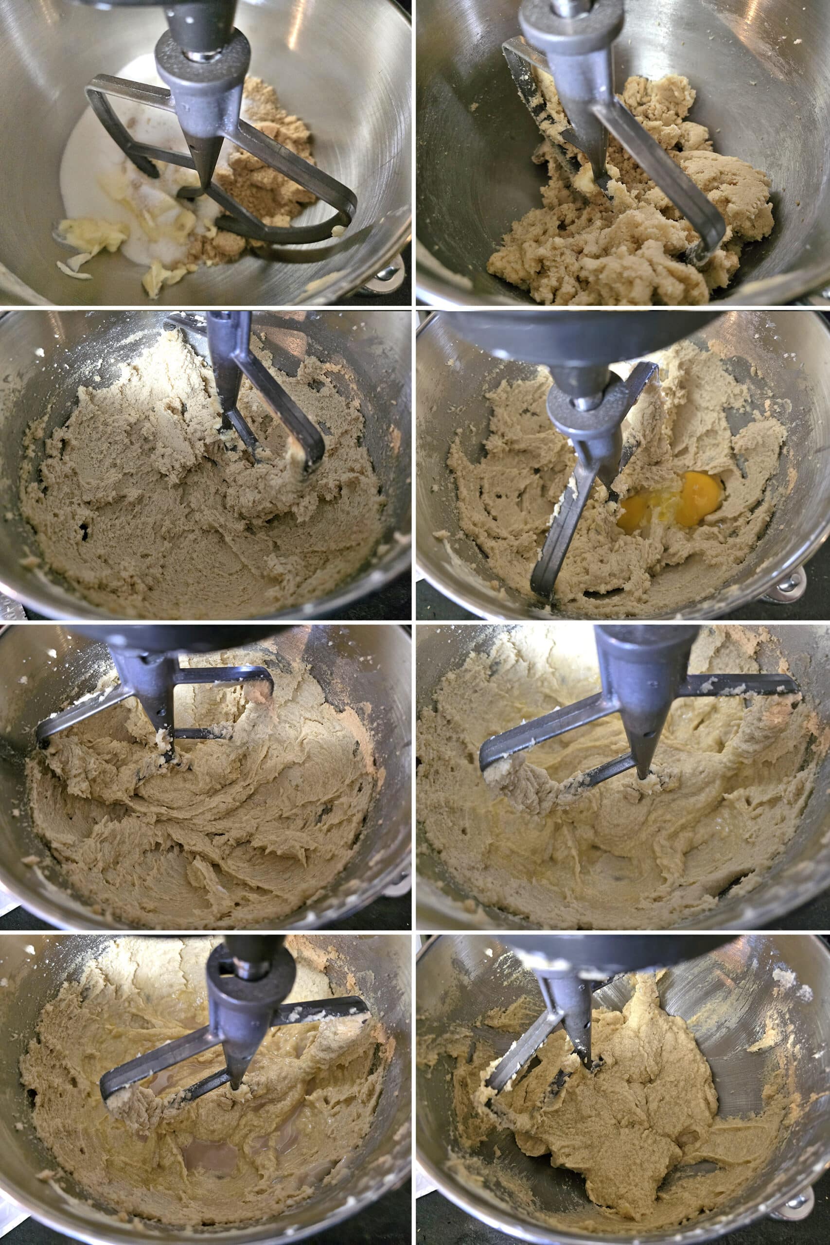 8 part image showing the sugars and butter being creamed together, then the eggs, milk, and vanilla being beaten in.