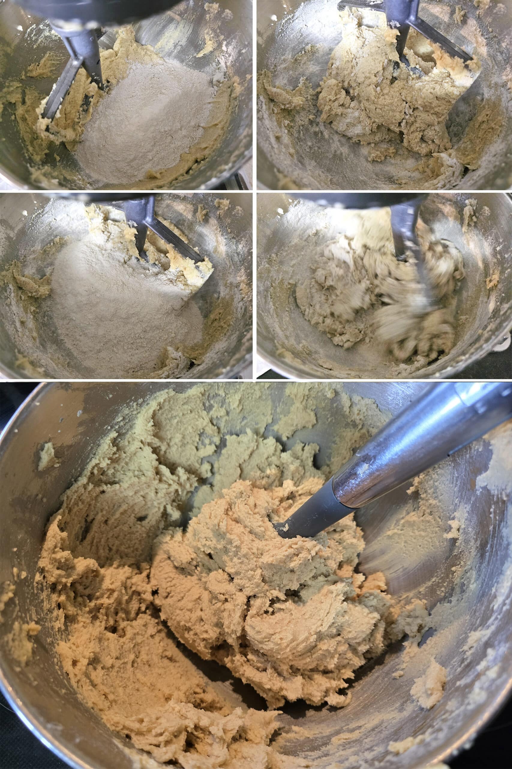 5 part image showing the dry ingredients being added to the mixer of wet ingredient mixture.