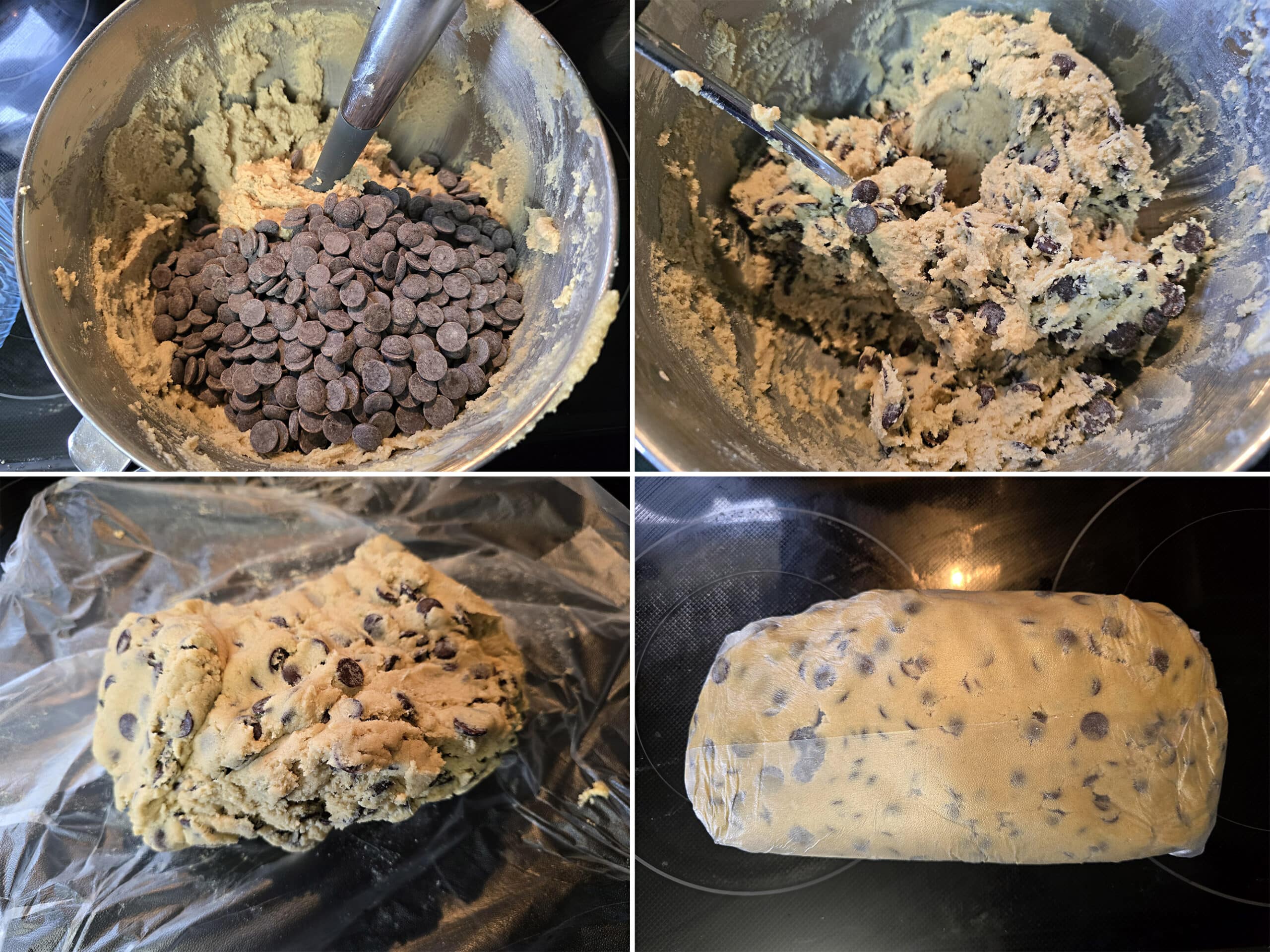 4 part image showing the chocolate disks being stirred into the gluten free cookie dough, then the dough wrapped in plastic wrap.