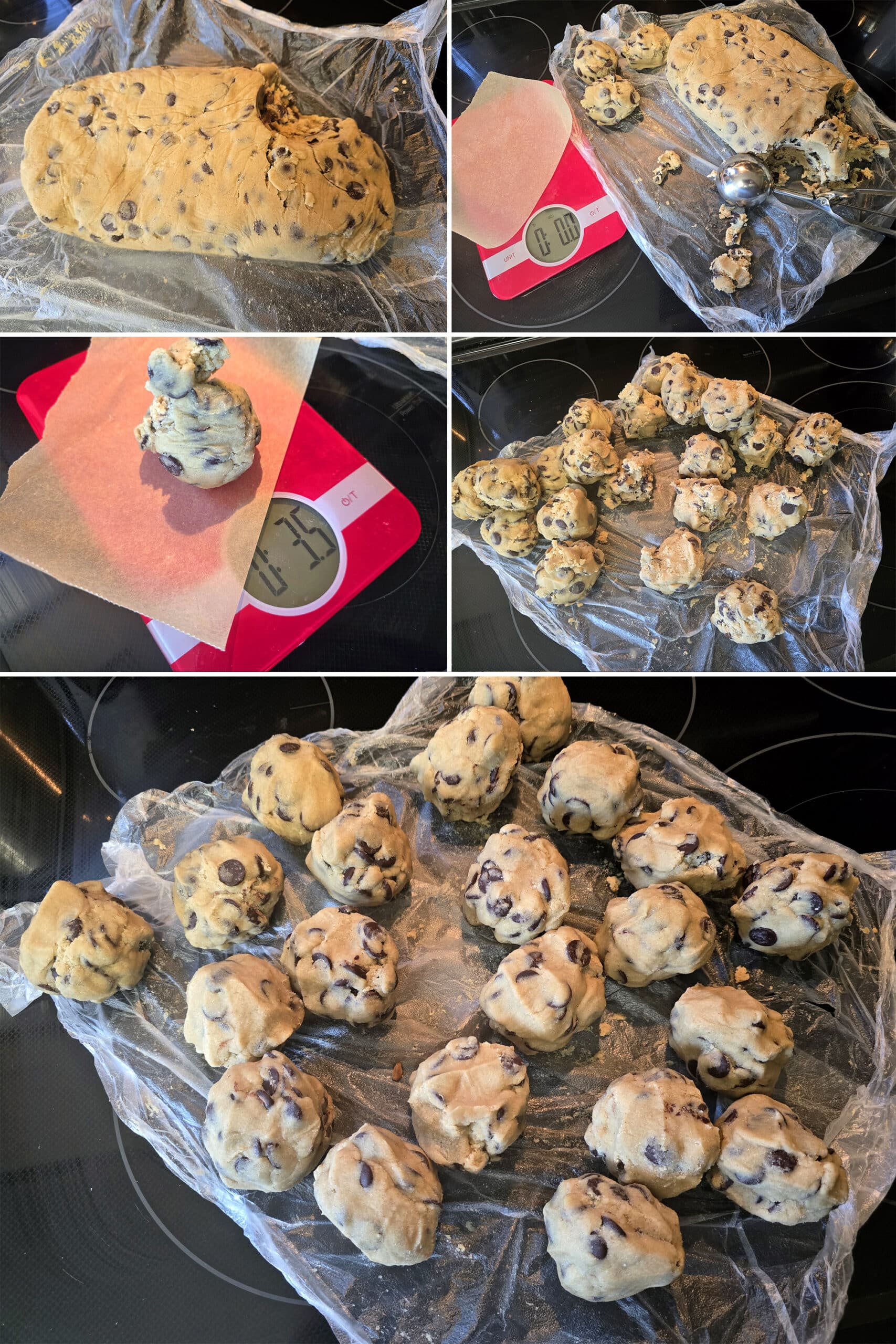 5 part image showing the chilled dough being weighed into lumps and rolled into smoother balls.