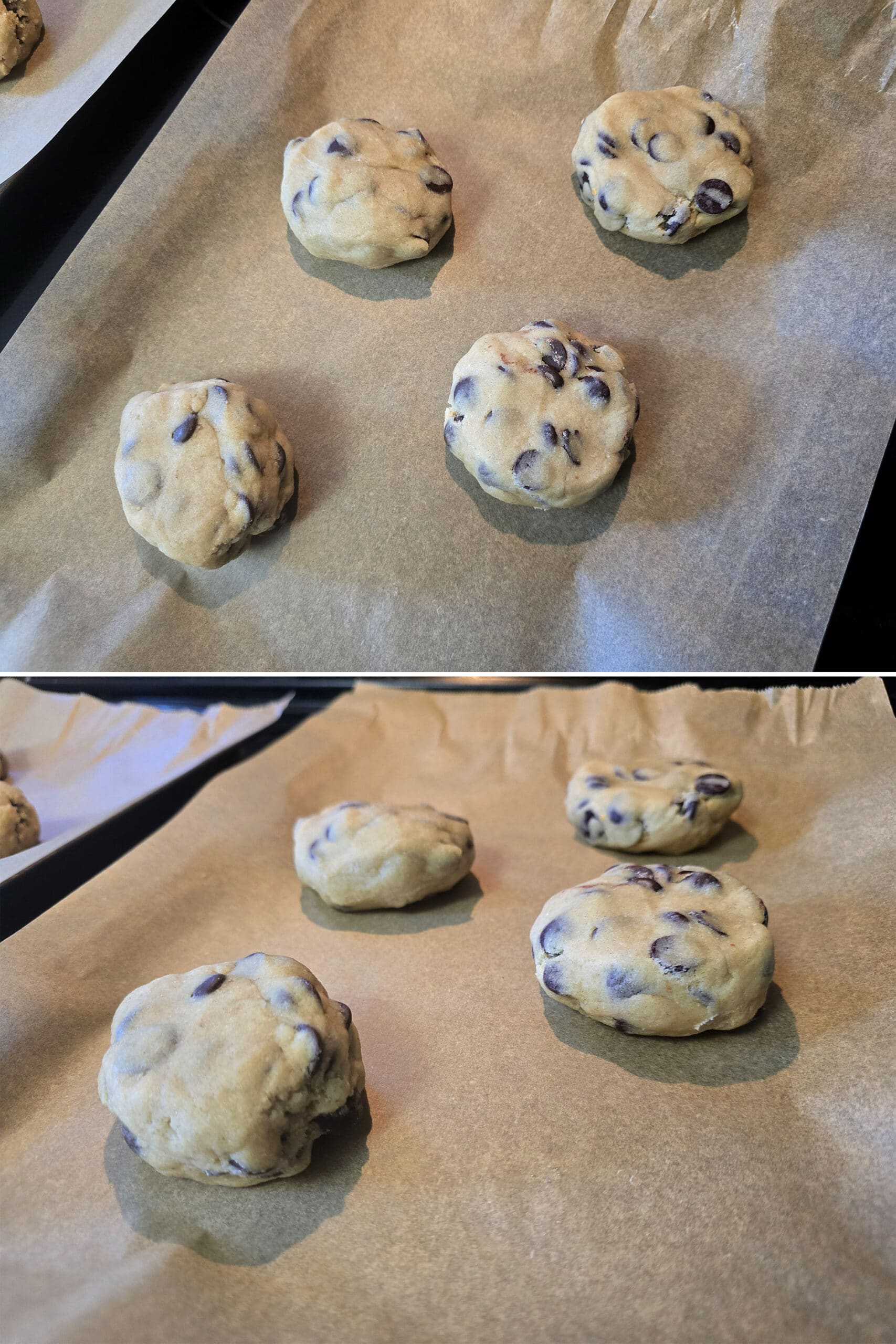 2 part image showing slightly flattened cookie dough balls from the top and side.