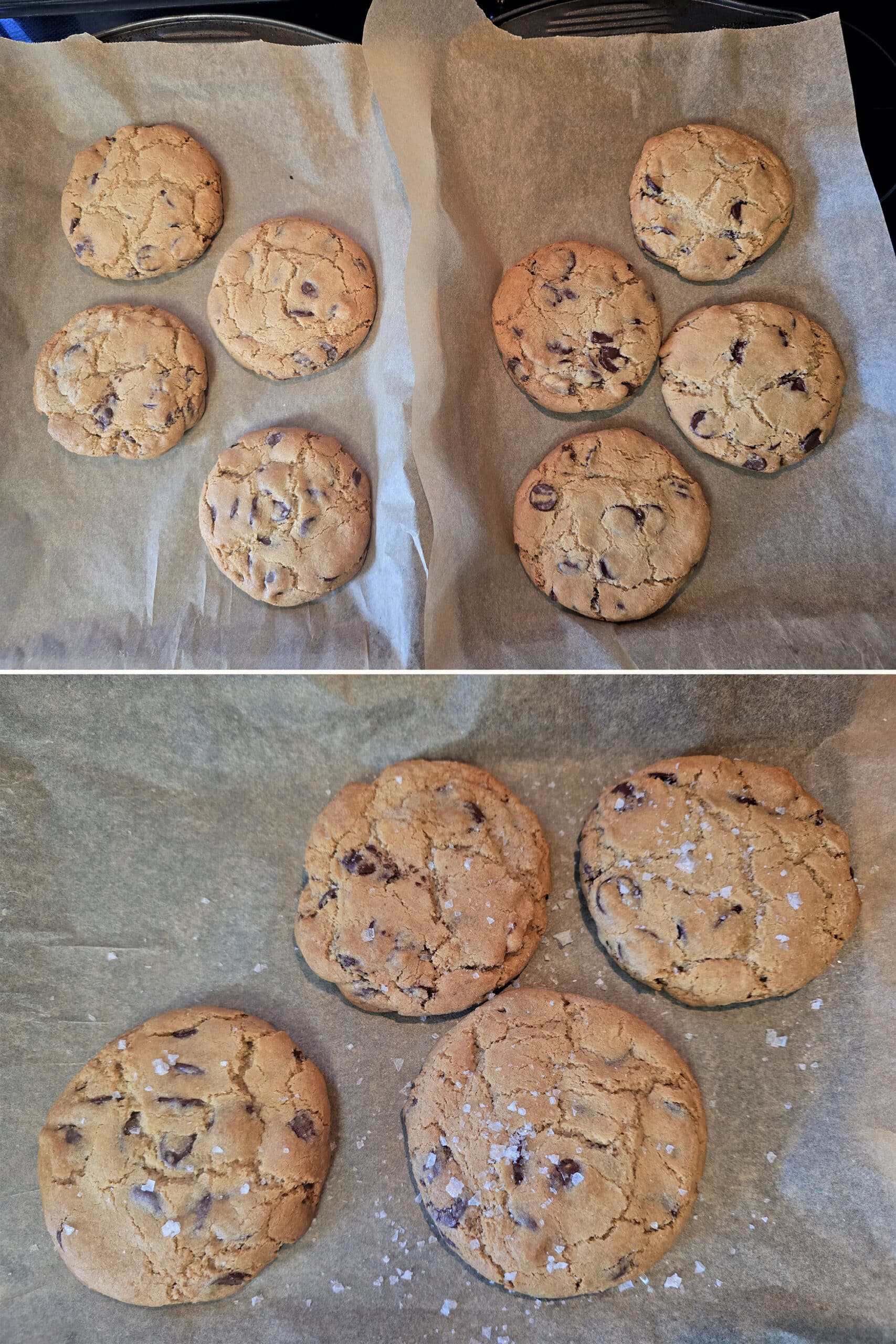 2 part image showing pans of freshly baked gluten free Jacques Torrres chocolate chip cookies, before and after being sprinkled with salt.