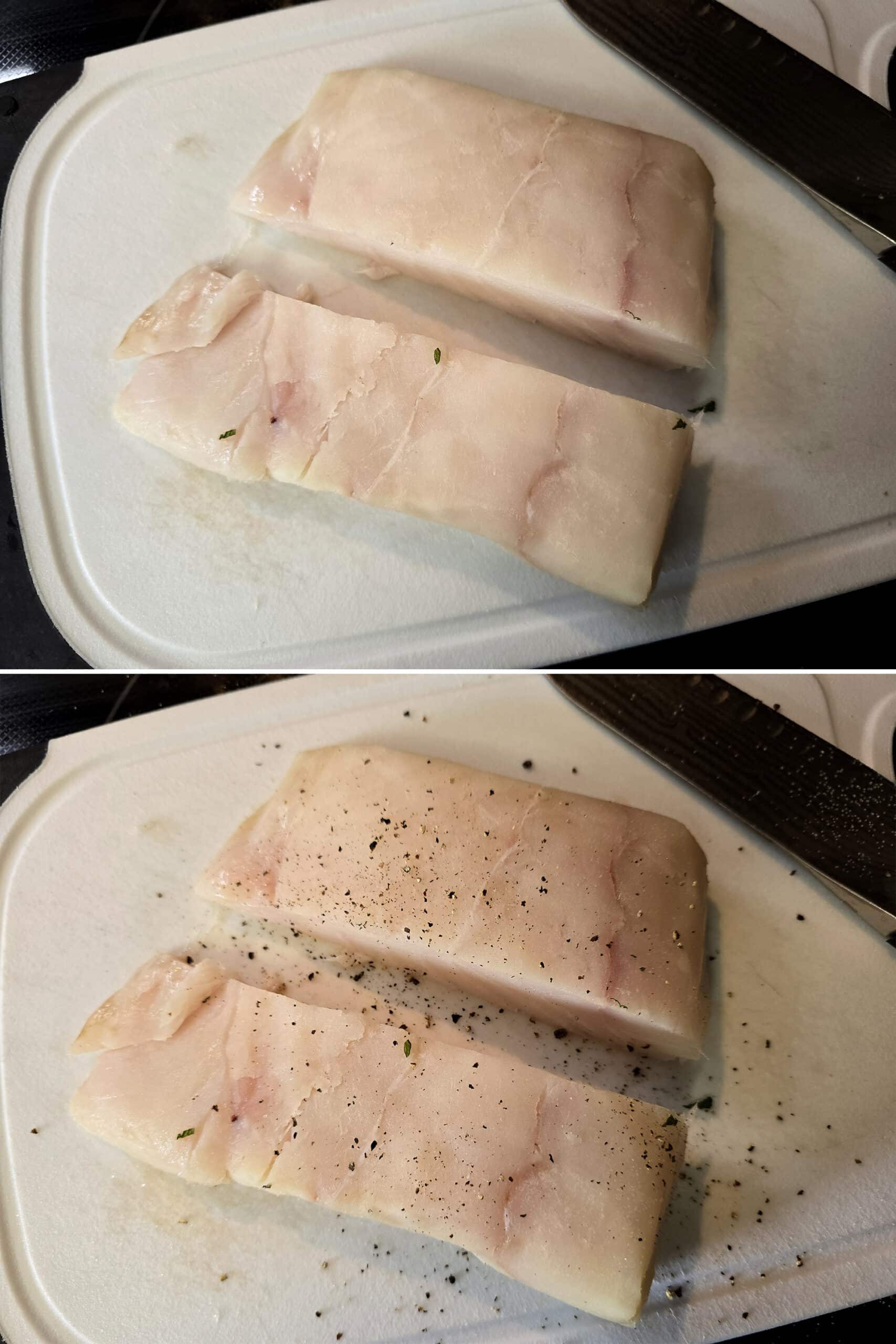 2 part image showing 2 halibut filets being seasoned with salt and pepper.