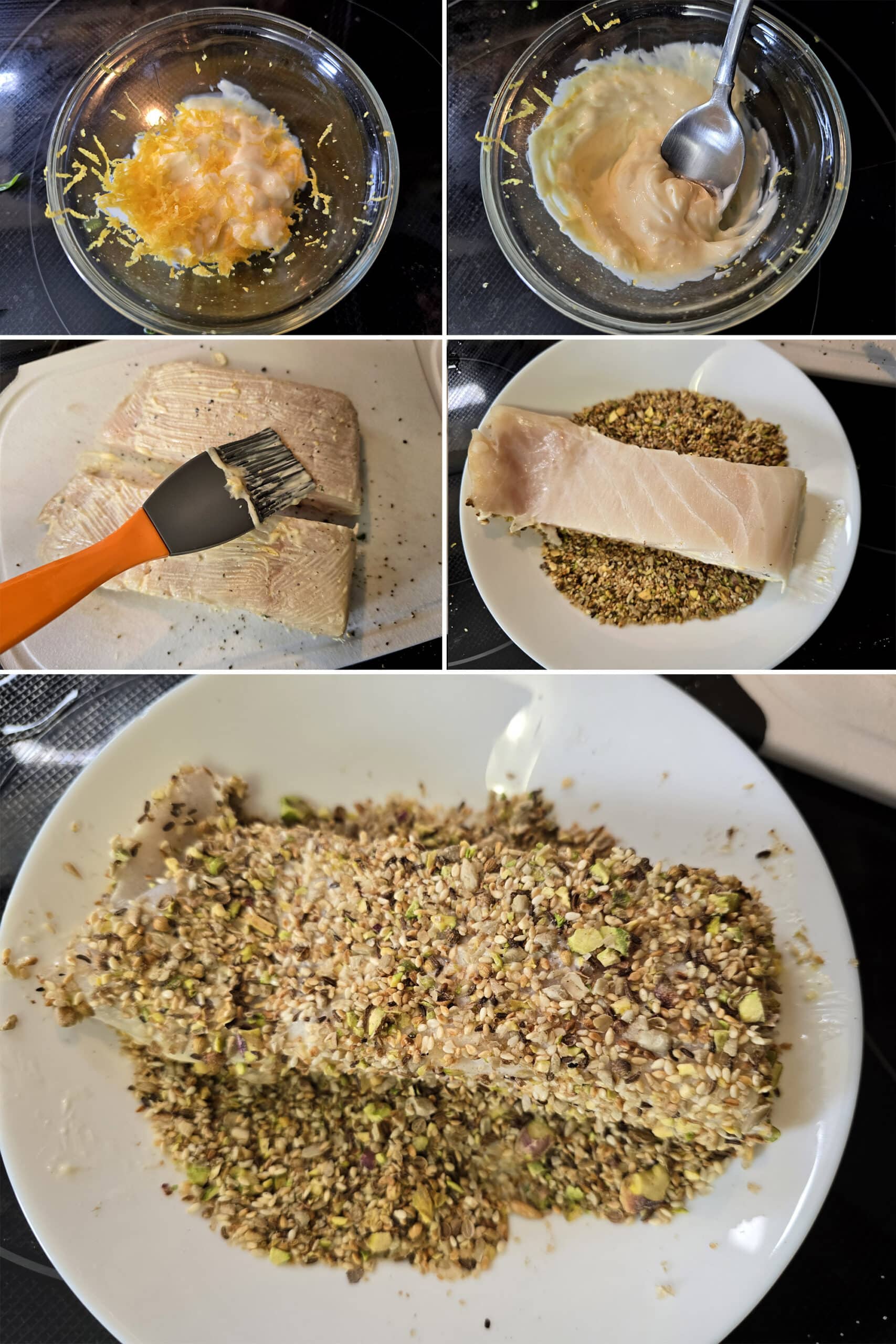 5 part image showing the lemon mayo being mixed, brushed over the halibut, then crusted with dukkah seasoning.