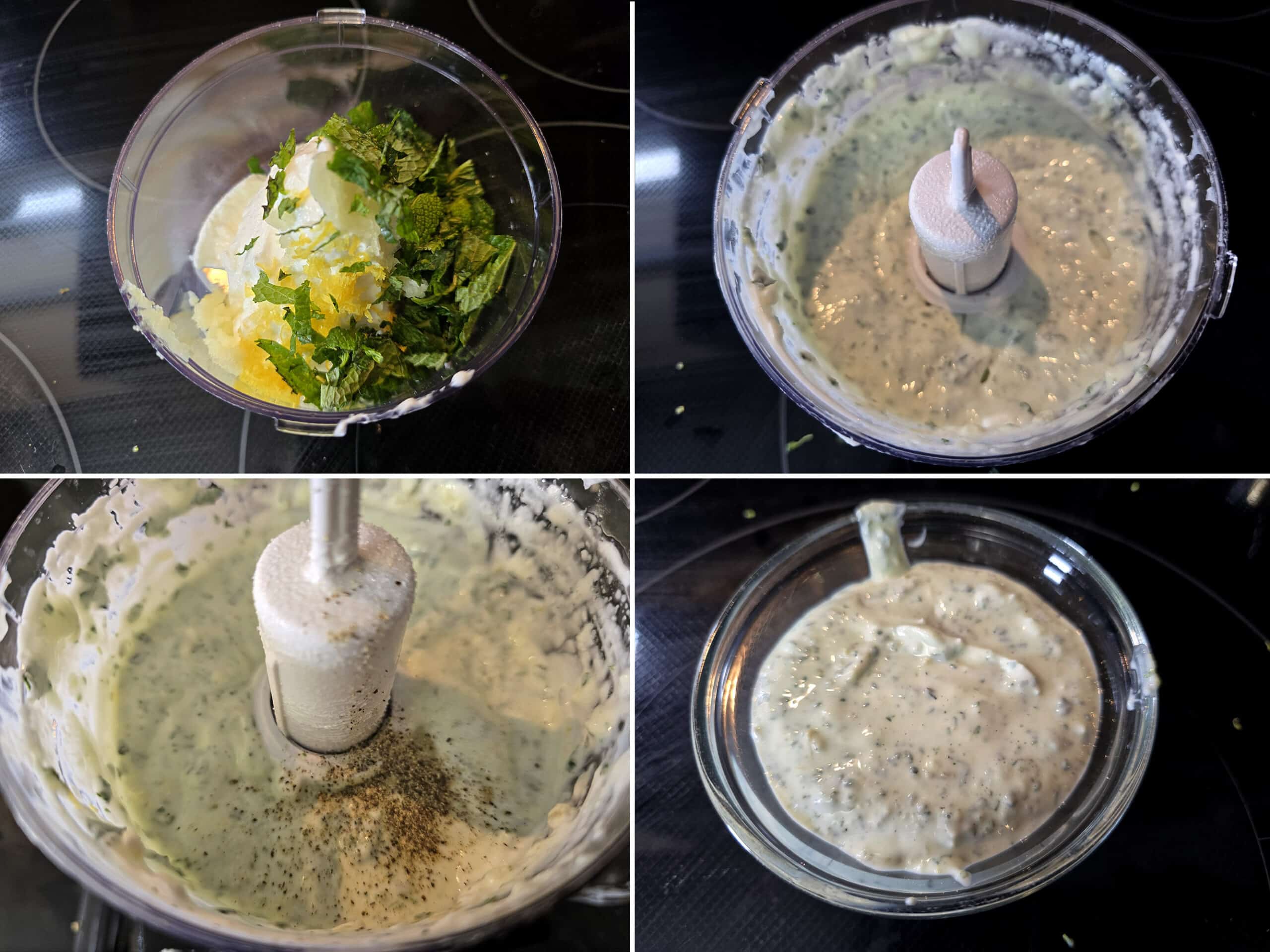 4 part image showing the lemon mint sauce being made in a mini food processor.