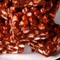 A plate of chocolate peanut butter marshmallow bars - Basically a chocolate fudge with mini marshmallows throughout..