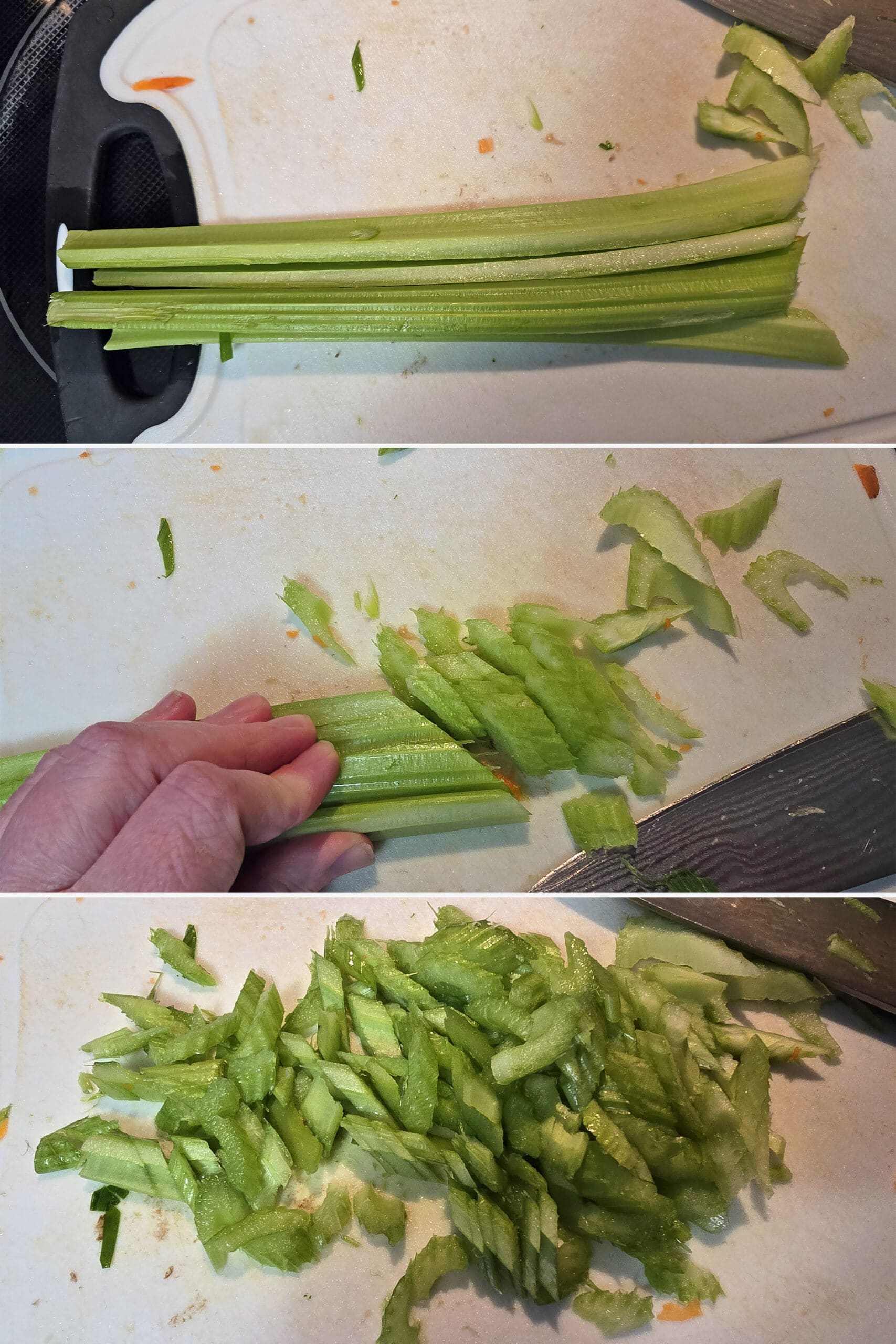 3 part image showing celery stalks being split in half lengthwise then sliced thinly on a diagonal.