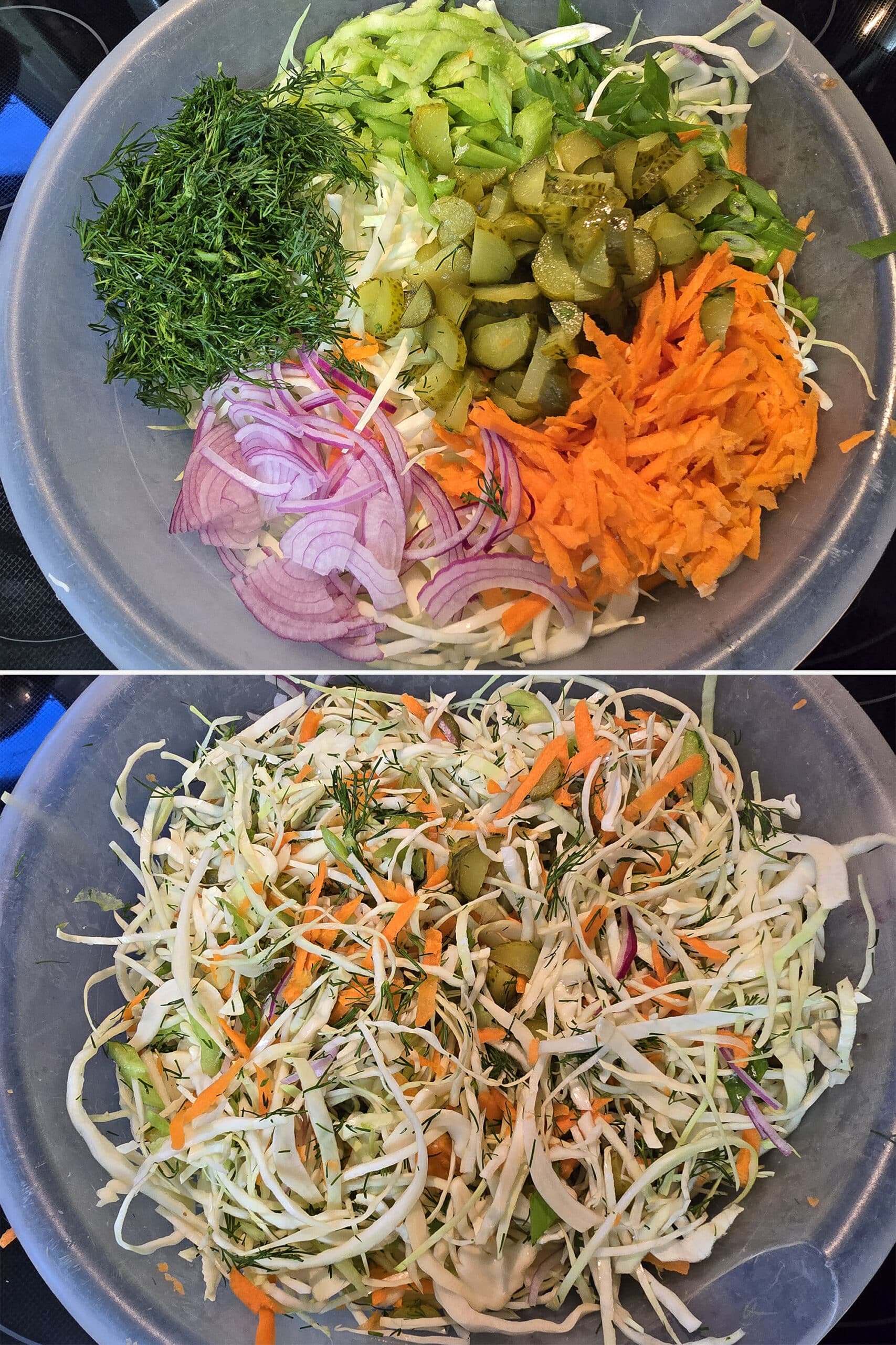 2 part image showing the prepared veggies being mixed in a large mixing bowl.