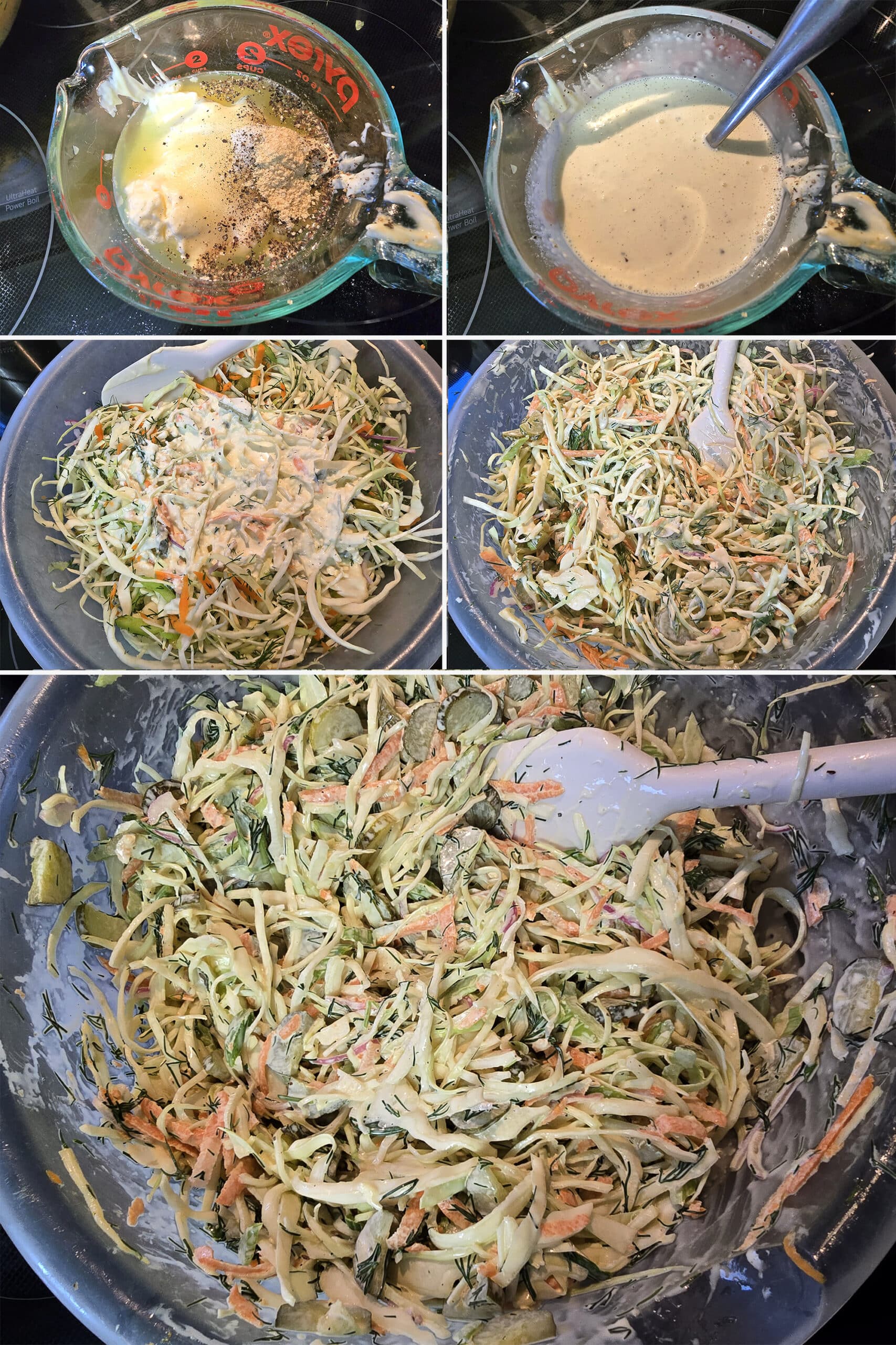 5 part image showing the pickle dressing being mixed and stirred into the prepared coleslaw vegetables.