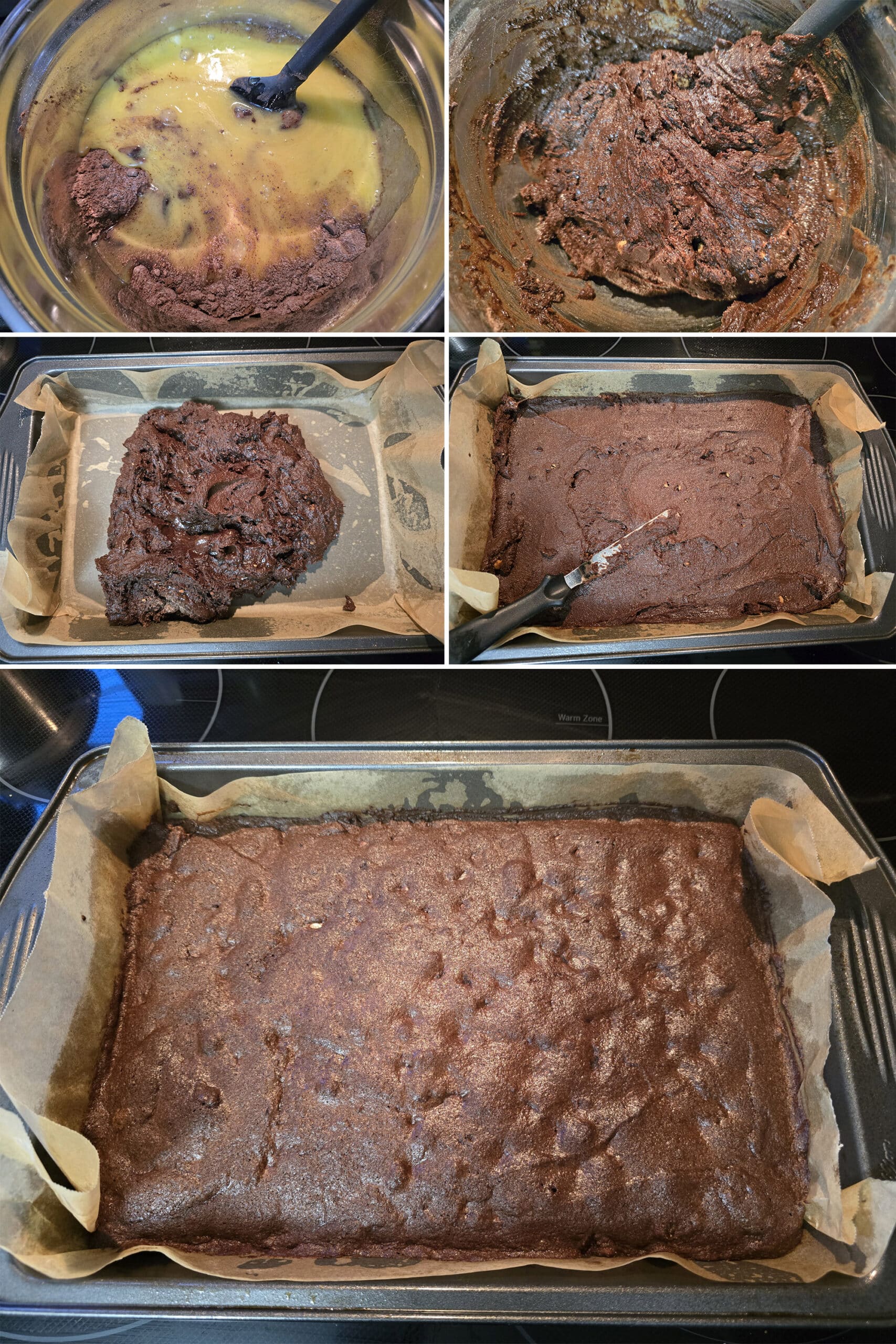 5 part image showing the wet ingredients mixture being stirred into the dry ingredients, spread in a baking pan, and baked.