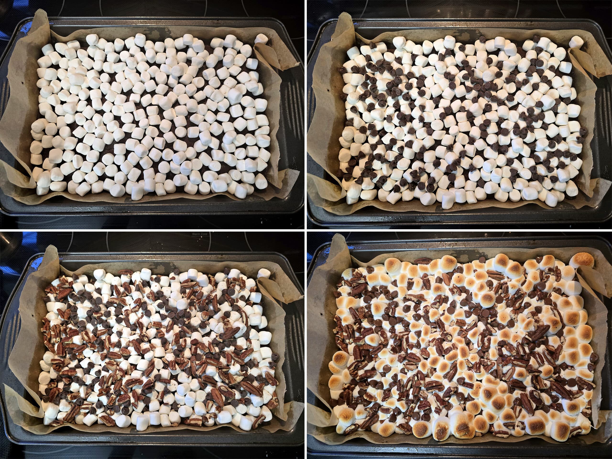 4 part image showing a pan of gluten free brownies being topped with mini marshmallows, chocolate chips, and chopped pecans, then toasted.