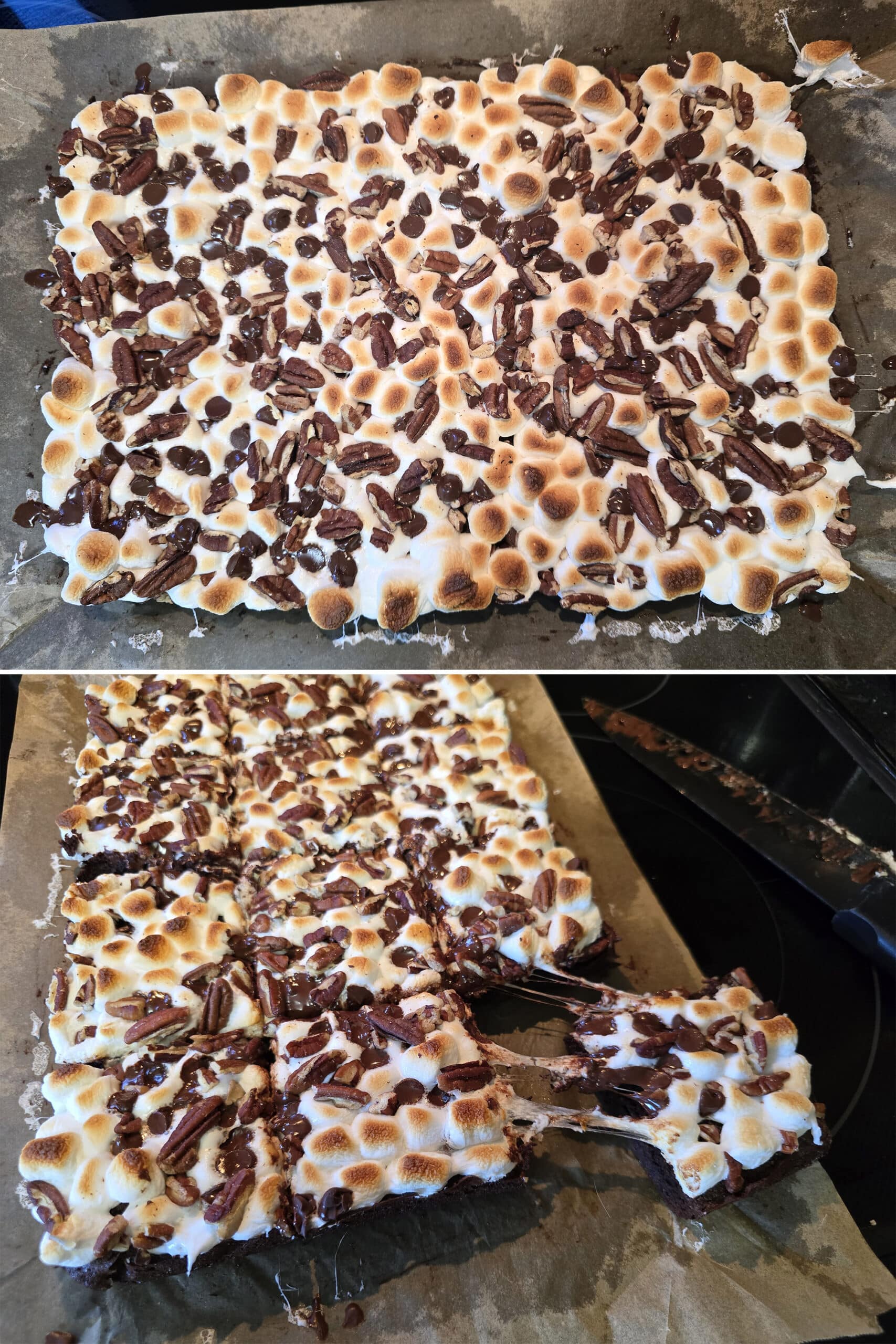 2 part image showing a slab of gluten free rocky road brownies being cut into squares.