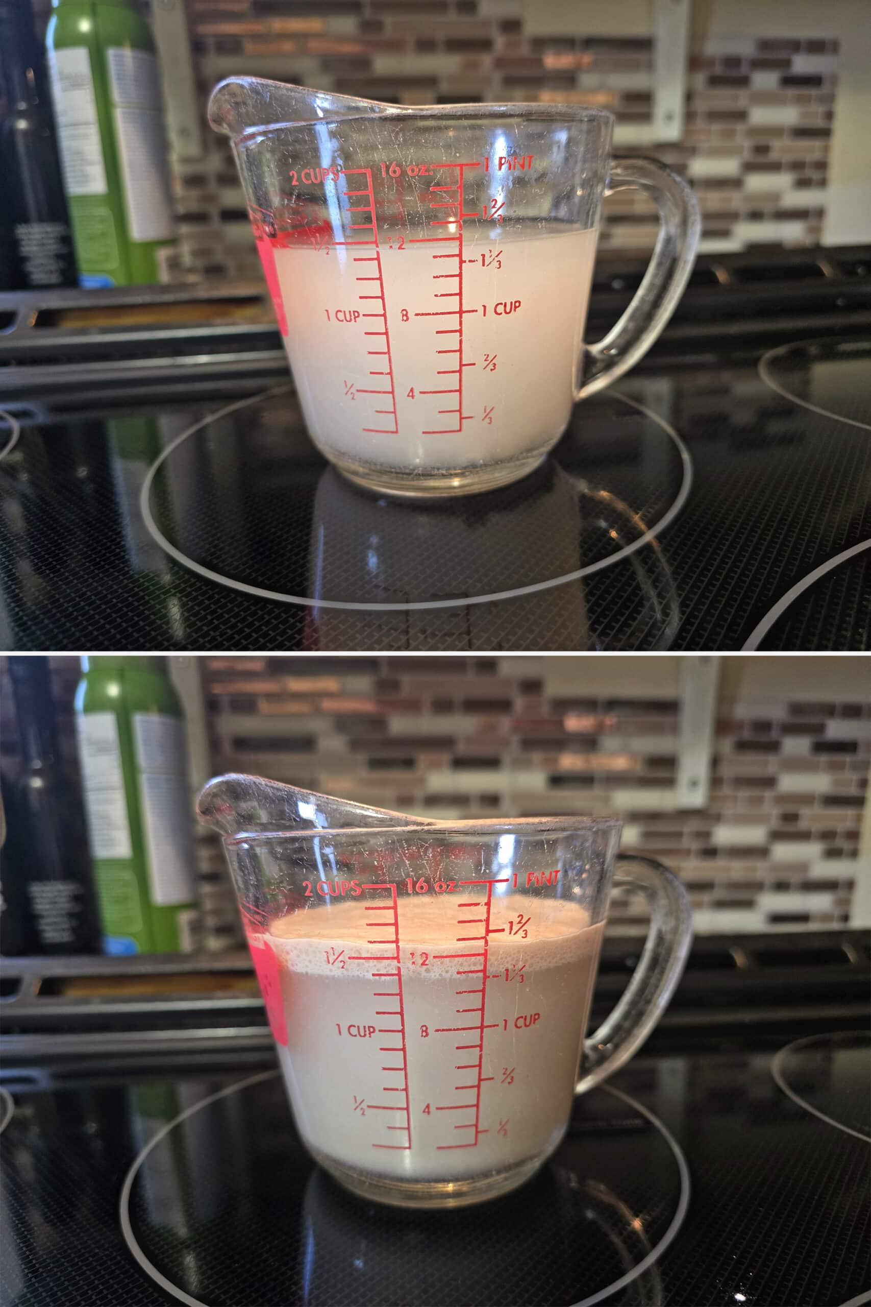 2 part image showing a measuring cup with yeast and water, before and after the yeast has bubbled up.
