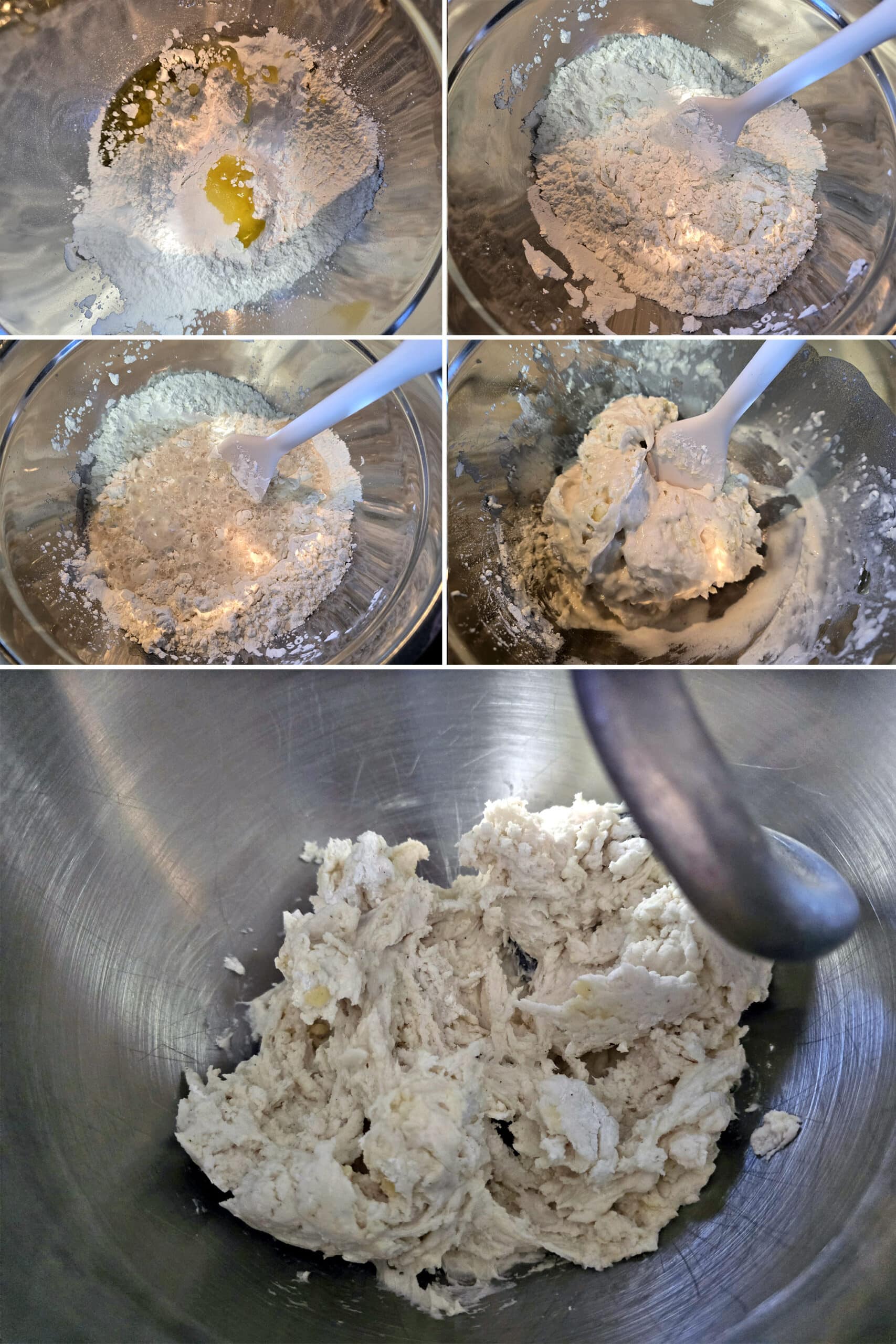 5 part image showing the dry ingredients and oil being mixed together, then the yeast water being mixed in to form a sticky loose dough.