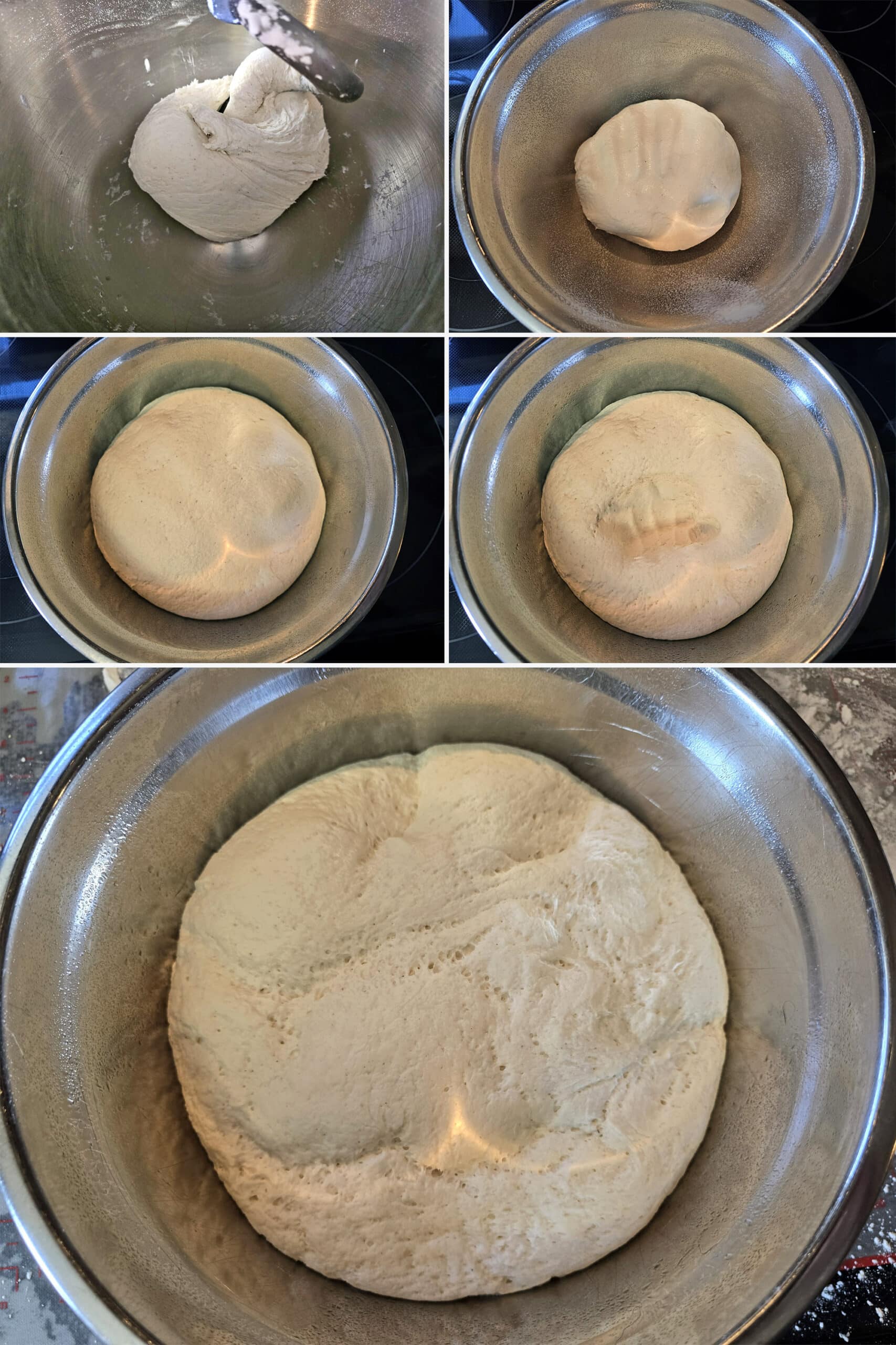 5 part image showing the dough kneaded into a smooth ball, then the dough after the first rise, punched down, and finally at the end of the second rise. It's bubbly and doubled in size.