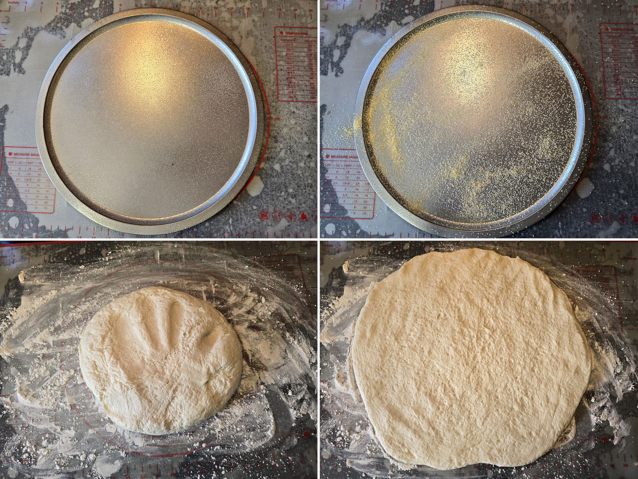4 part image showing a 12 inch pizza pan sprayed with oil and sprinkled with cornmeal. The bottom row shows the gluten free pizza dough turned out on a floured mat, then pressed out to a 14 inch circle.