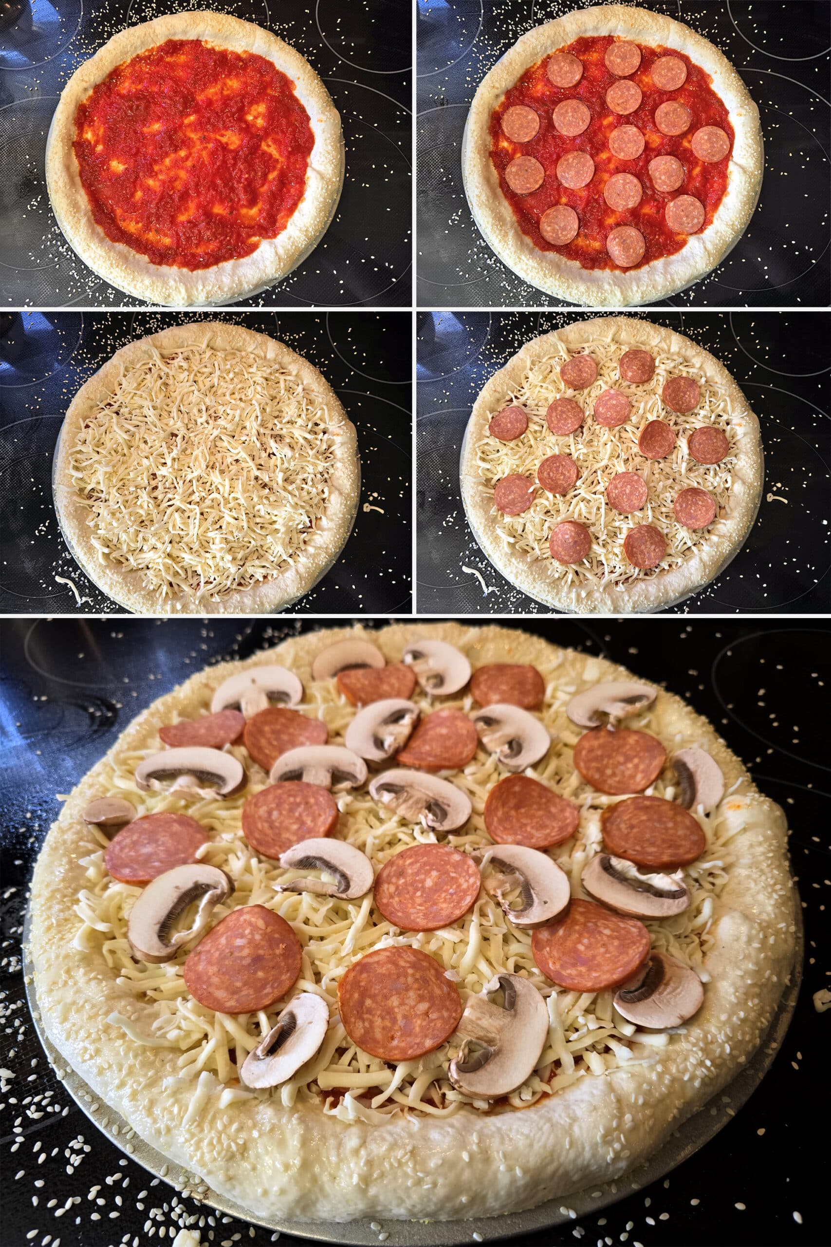 5 part image showing the sauce, cheese, and toppings being arranged on the prepared gluten free pizza crust.