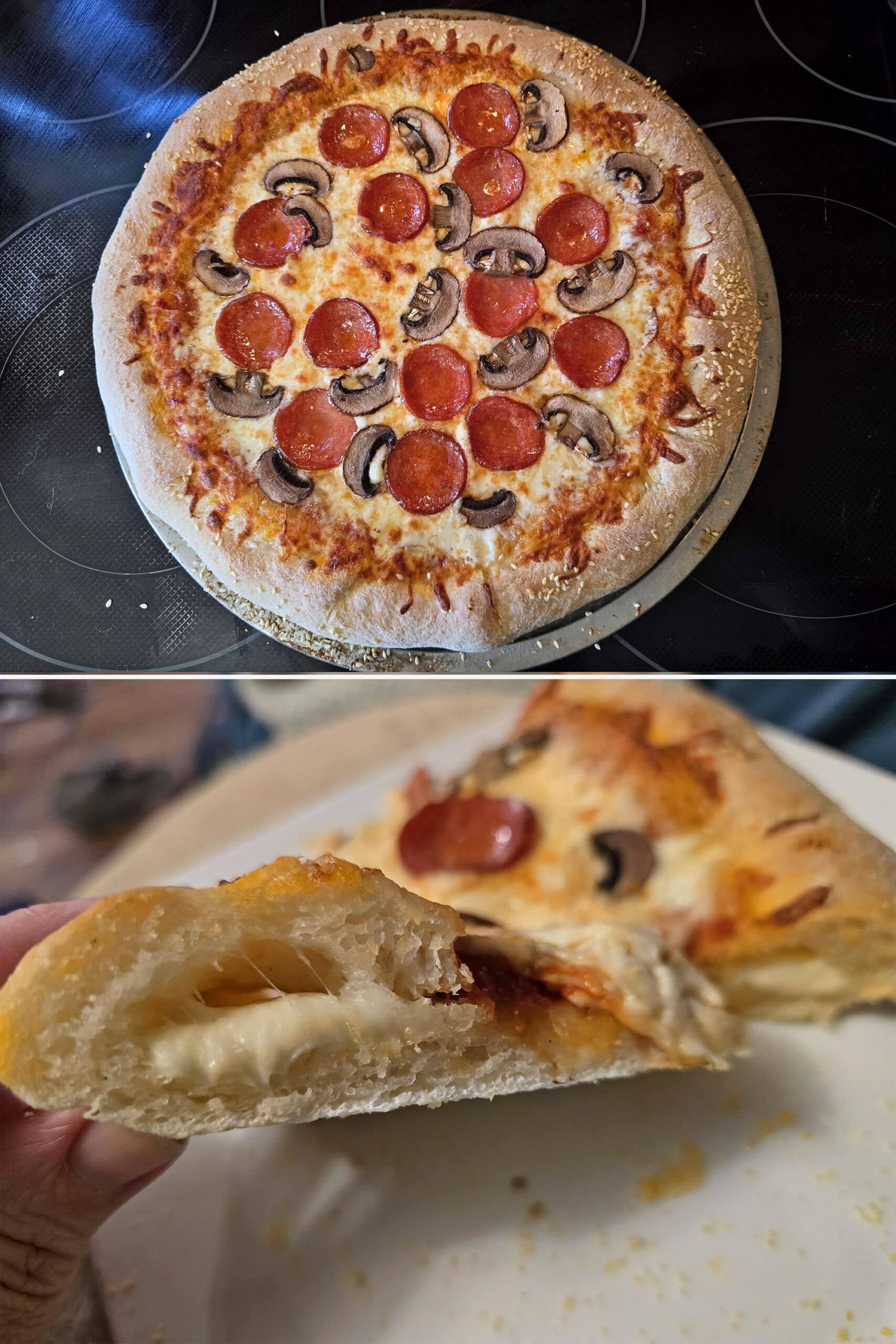2 part image showing the baked gluten free stuffed crust pizza, and a hand holding a cut slice, showing the mozzarella stuffed crust.