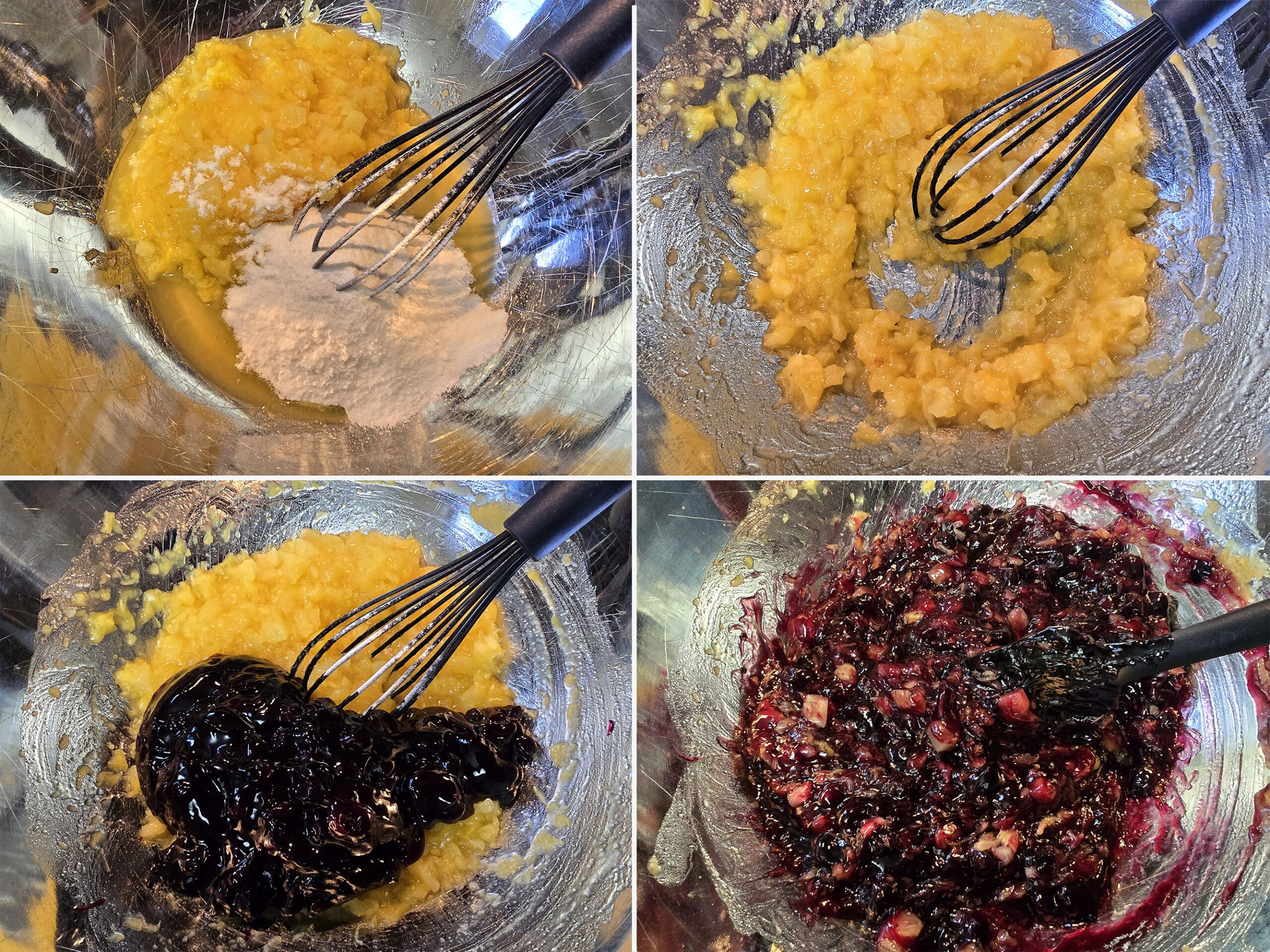 4 part image showing pudding mix and crushed pineapple being whisked together, then blueberry pie filling being mixed in.