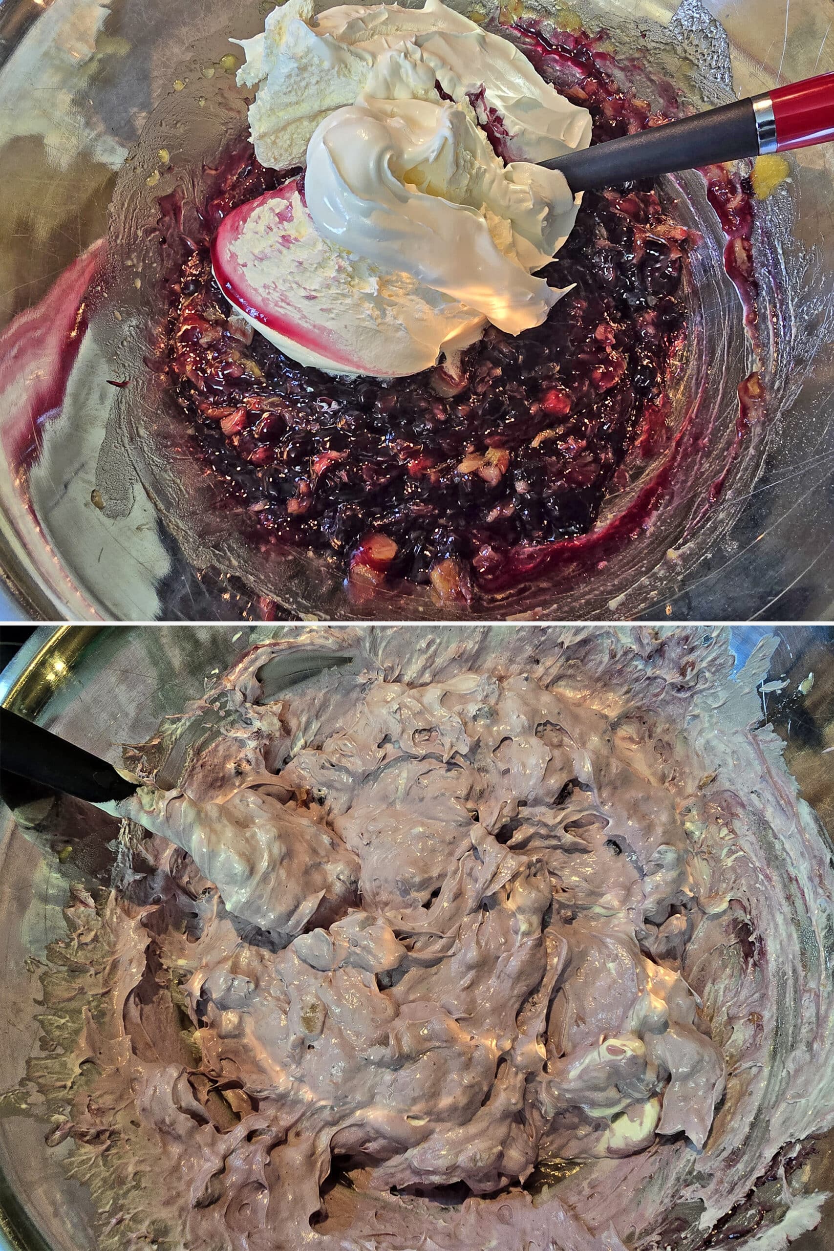 2 part image showing the cool whip being beaten into the blueberry pie filling and pineapple mixture.