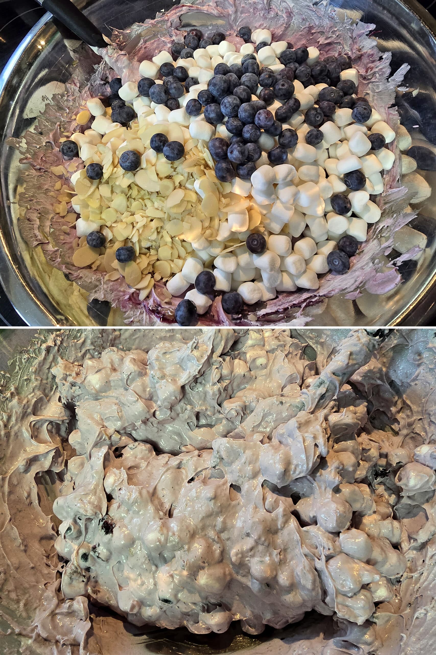 2 part image showing almond slices, marshmallows, and blueberries being stirred into the cool whip and pie filling mixture.